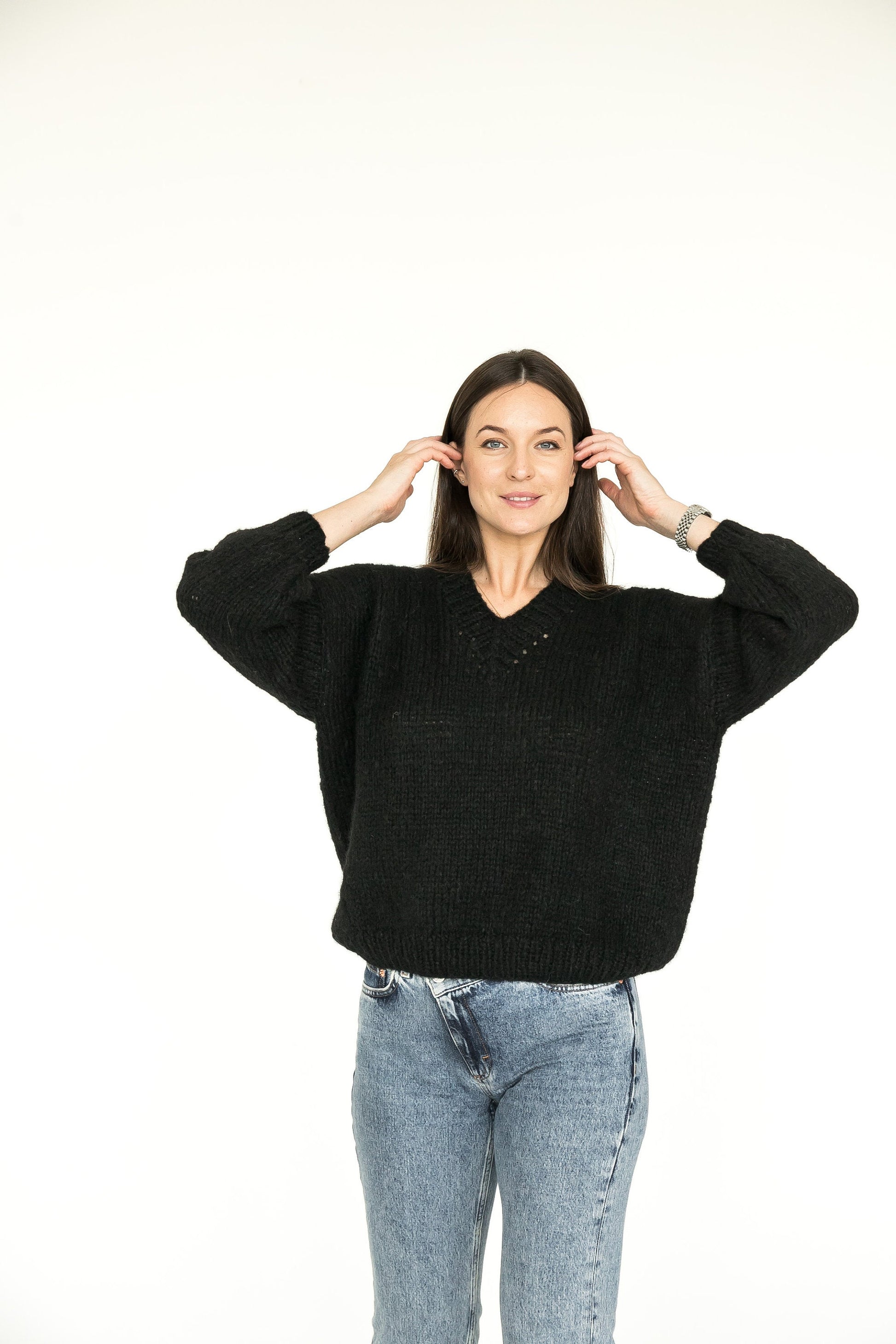 Black cable knit alpaca wool pullover, v-neck handmade cozy woman's sweater, thick Scandinavian slightly oversized chunky women's jumper