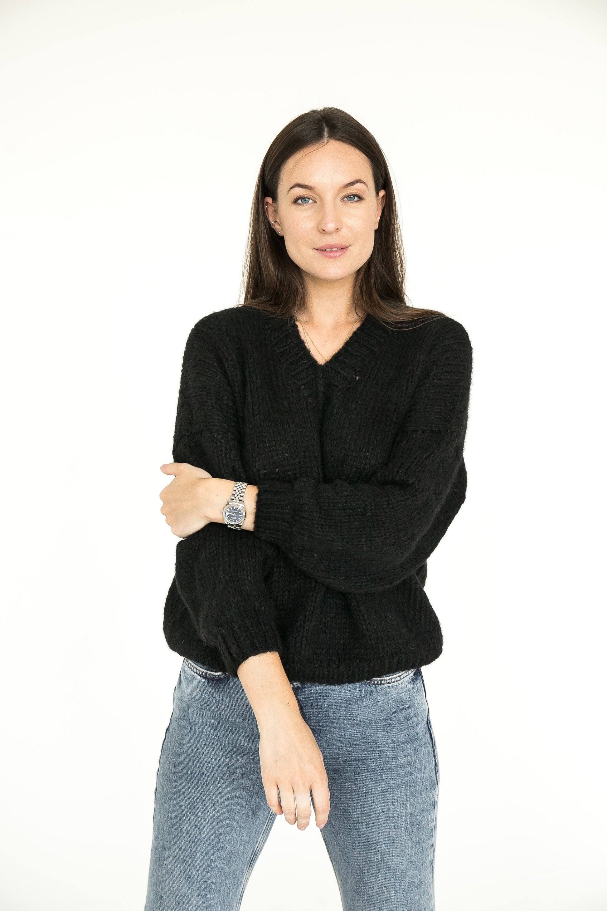 Black cable knit alpaca wool pullover, v-neck handmade cozy woman's sweater, thick Scandinavian slightly oversized chunky women's jumper