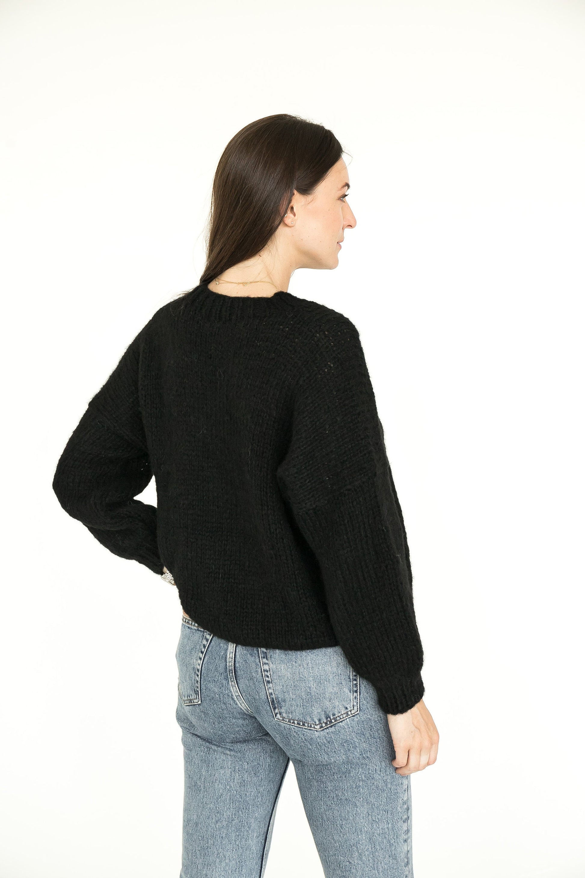 Black cable knit alpaca wool pullover, v-neck handmade cozy woman's sweater, thick Scandinavian slightly oversized chunky women's jumper