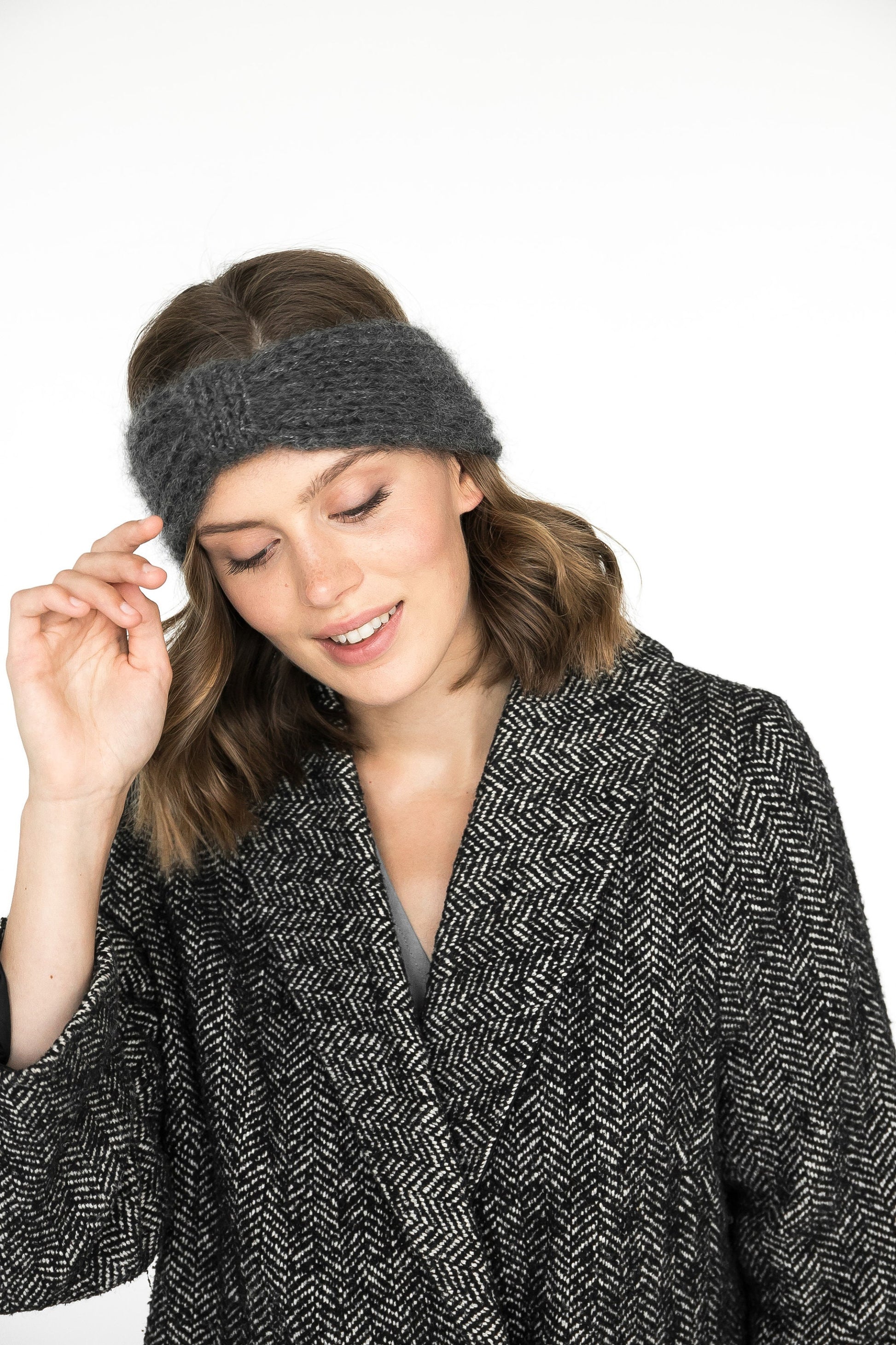 Gray ear warmer, boho winter headband, rib knit mohair truban, earmuff for woman, winter accessories, alpaca wool headband, gift for her