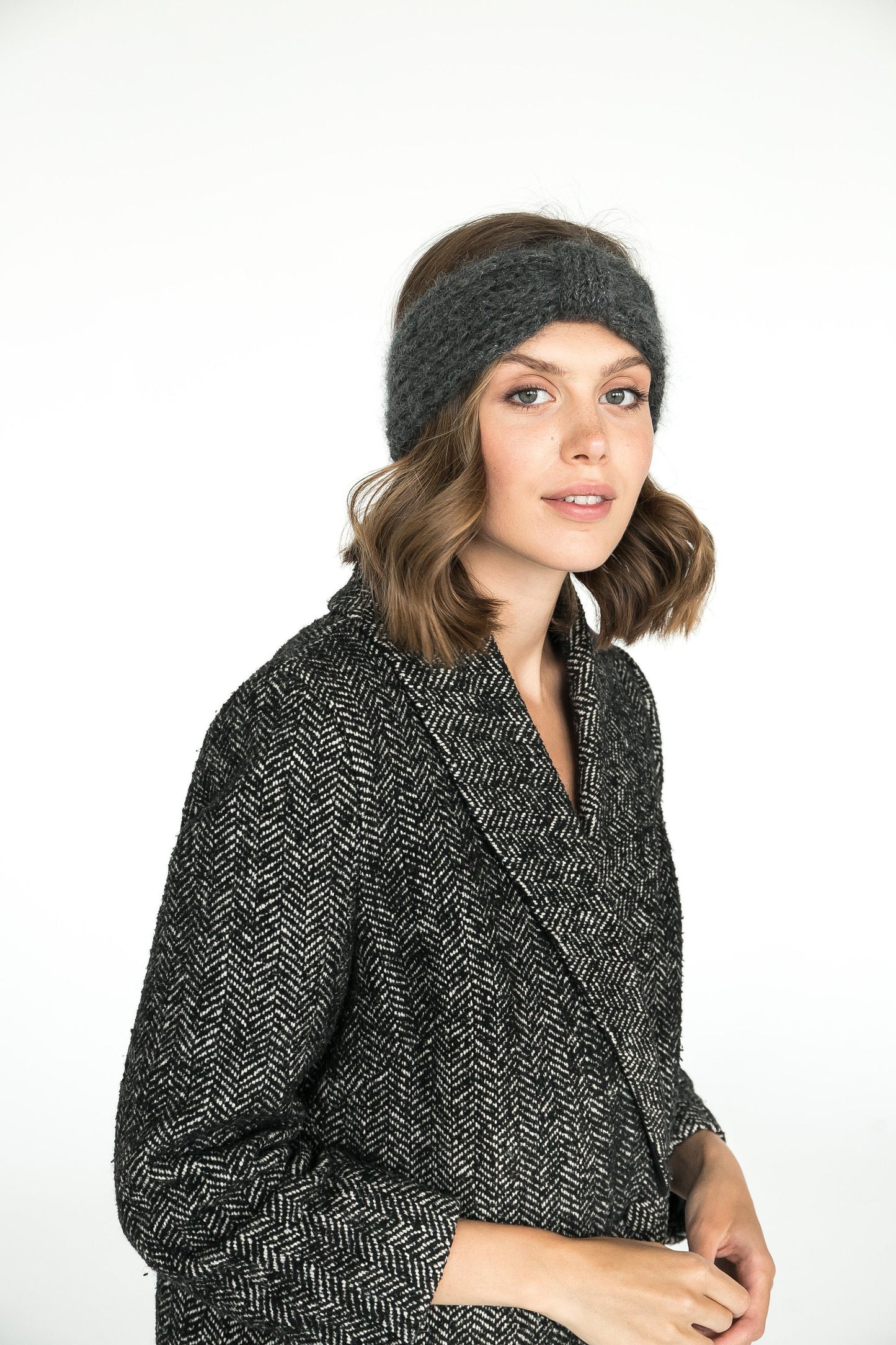 Gray ear warmer, boho winter headband, rib knit mohair truban, earmuff for woman, winter accessories, alpaca wool headband, gift for her