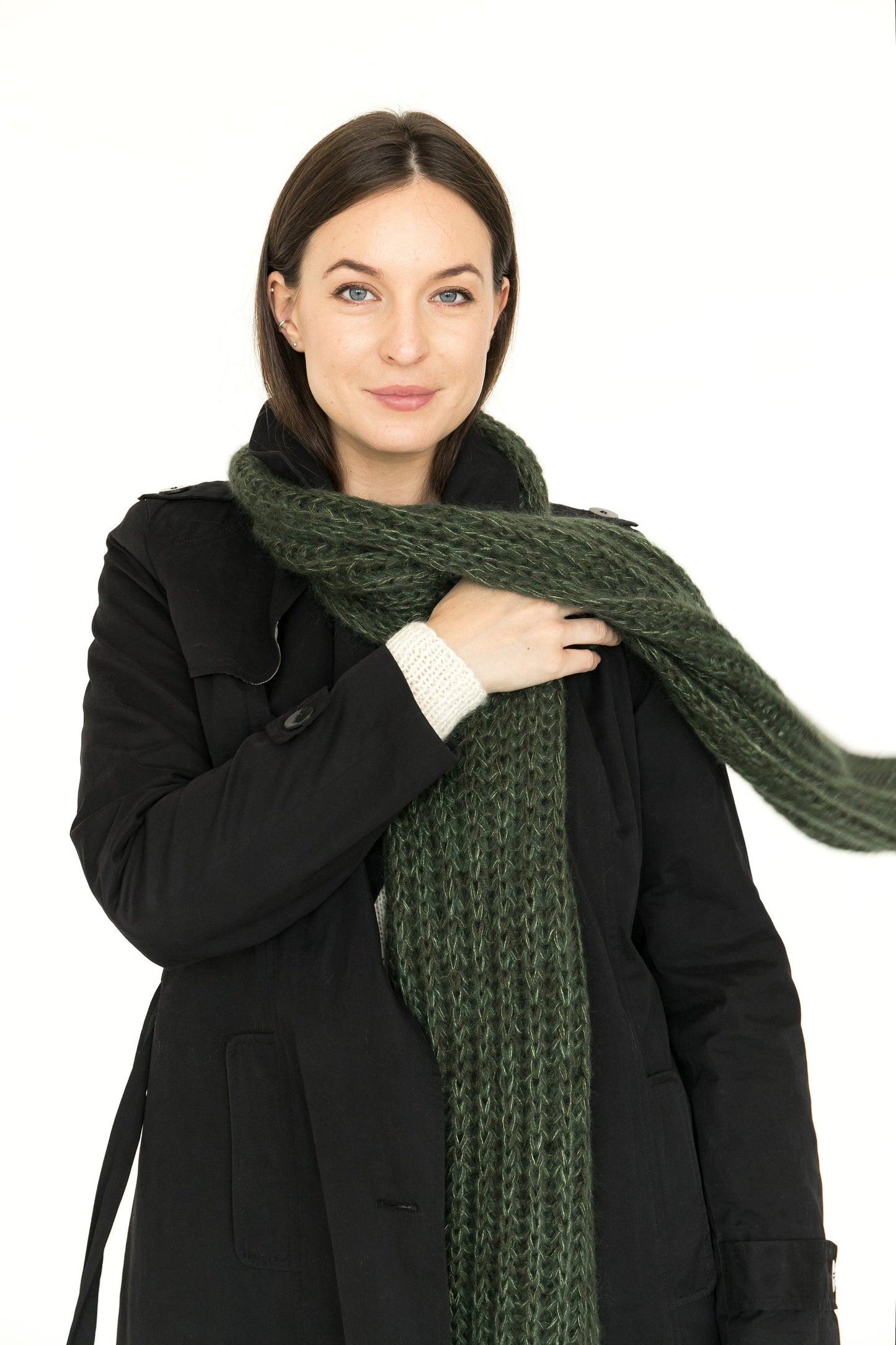 Green mohair scarf, chunky knit oversize scarf, moss green blanket scarf, alpaca wool blanket, extra long neck warmer, woman winter wrap