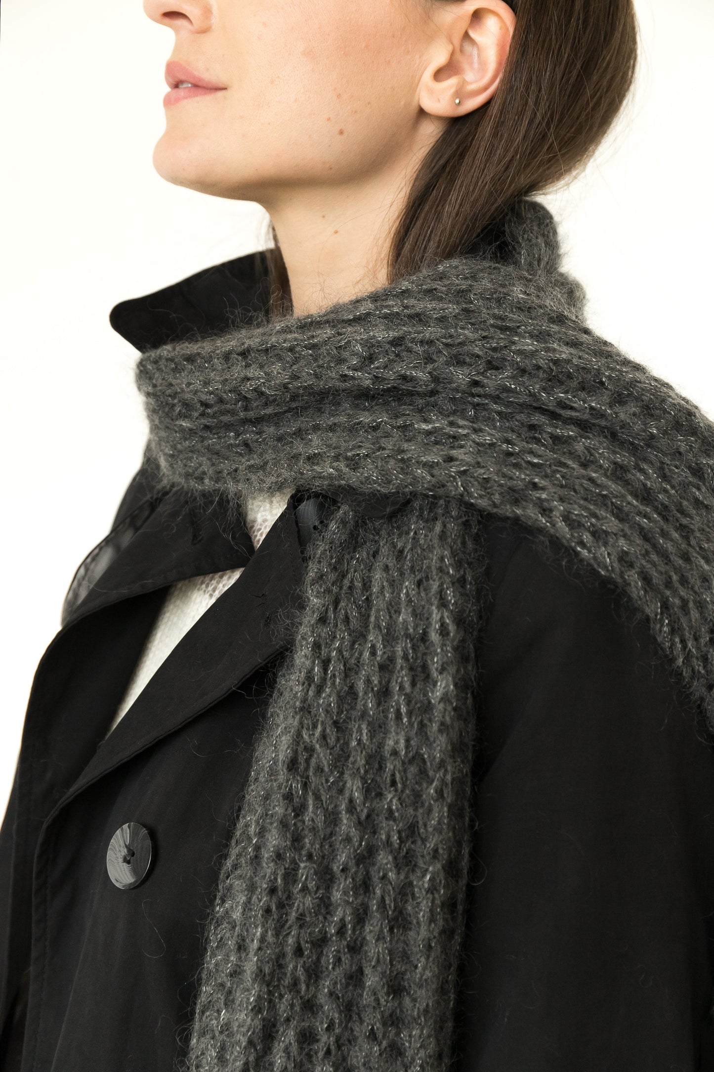 Gray cable knit mohair scarf, long oversized alpaca scarf, ribbed knit winter scarves, grey cowl scarf, man, woman, unisex, knitted shawl