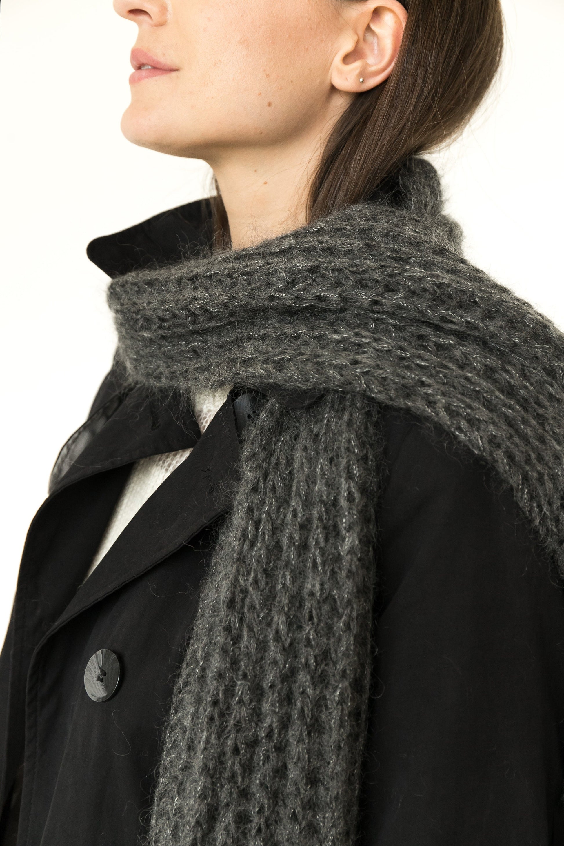 Gray cable knit mohair scarf, long oversized alpaca scarf, ribbed knit winter scarves, grey cowl scarf, man, woman, unisex, knitted shawl