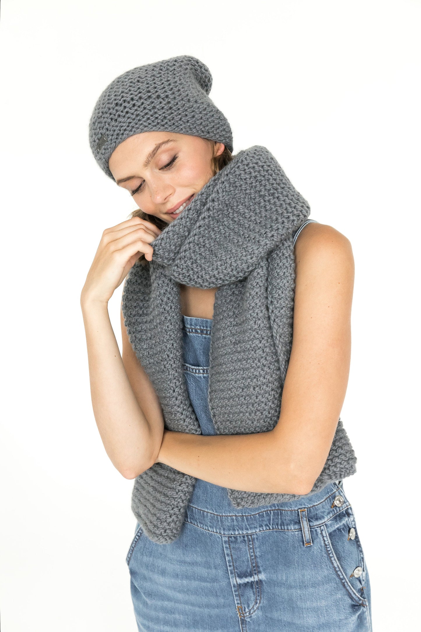 Gray hat and scarf set, rib knit wrap, slouchy beanie hat, woman oversize scarf, chunky knit blanket, alpaca wool hat and scarf set, gift