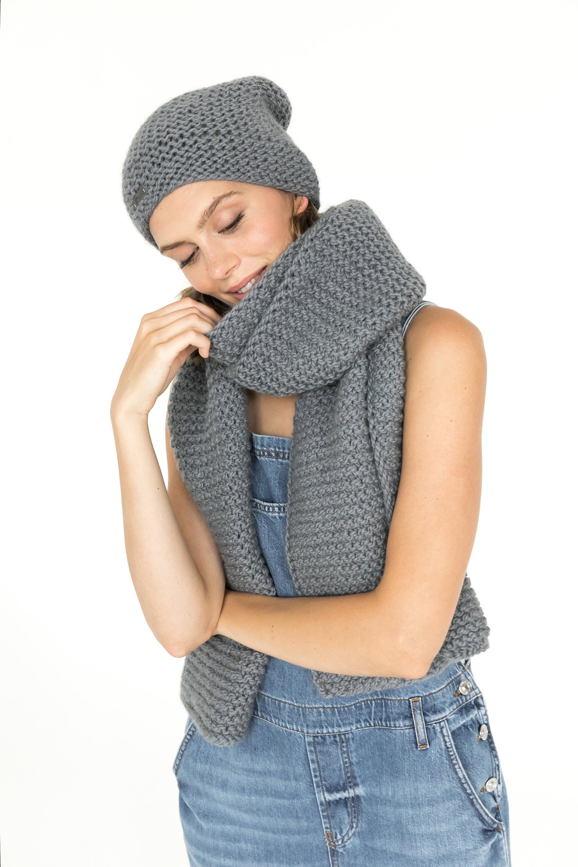 Gray hat and scarf set, rib knit wrap, slouchy beanie hat, woman oversize scarf, chunky knit blanket, alpaca wool hat and scarf set, gift