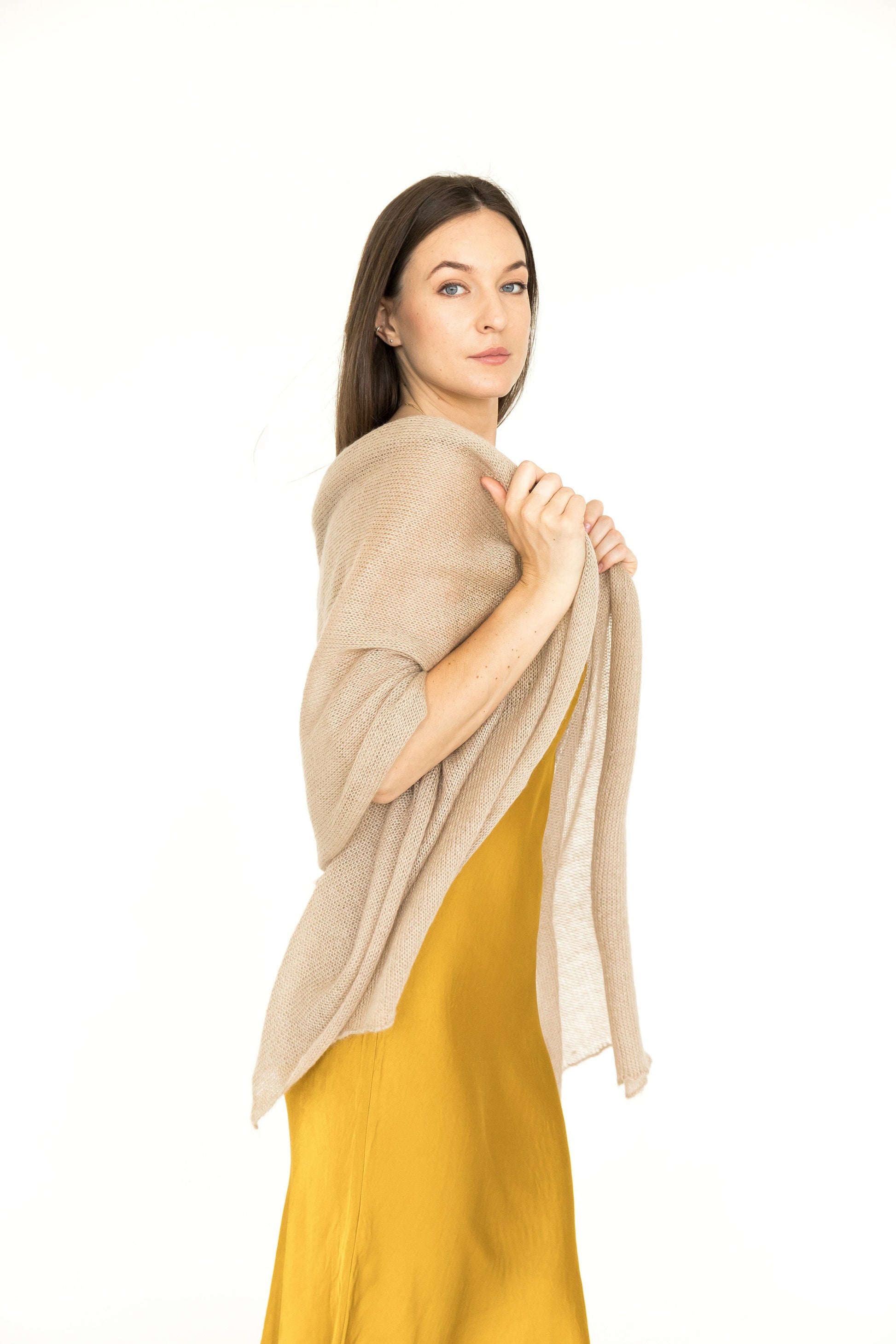 Beige knit mohair shawl, cape with silk, nude cover up, women knit scarf, gift for her