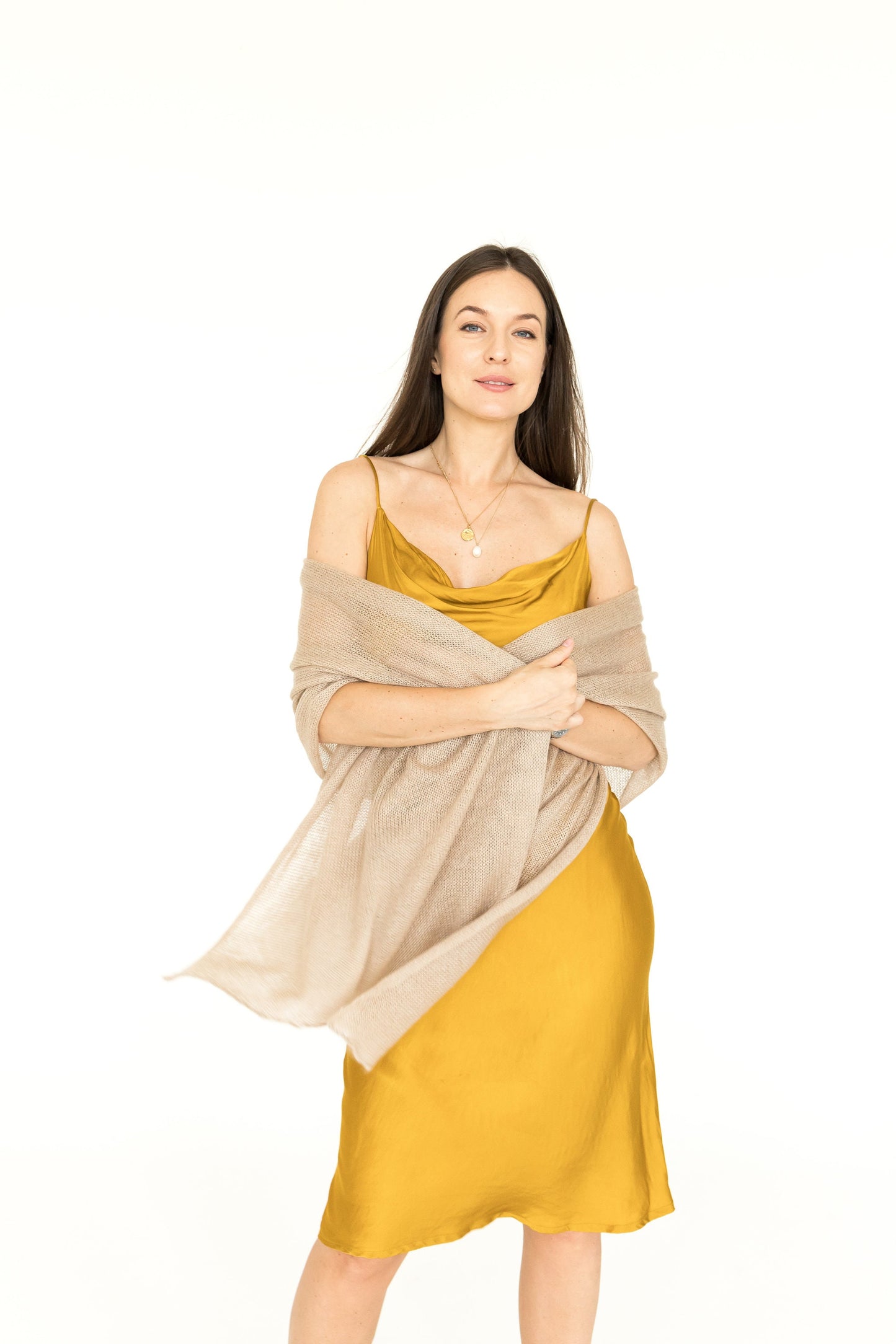 Beige knit mohair shawl, cape with silk, nude cover up, women knit scarf, gift for her