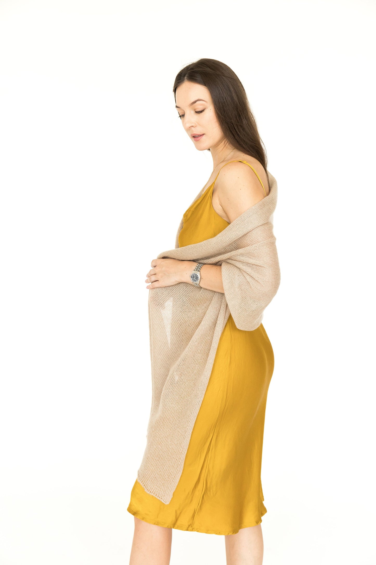 Beige knit mohair shawl, cape with silk, nude cover up, women knit scarf, gift for her