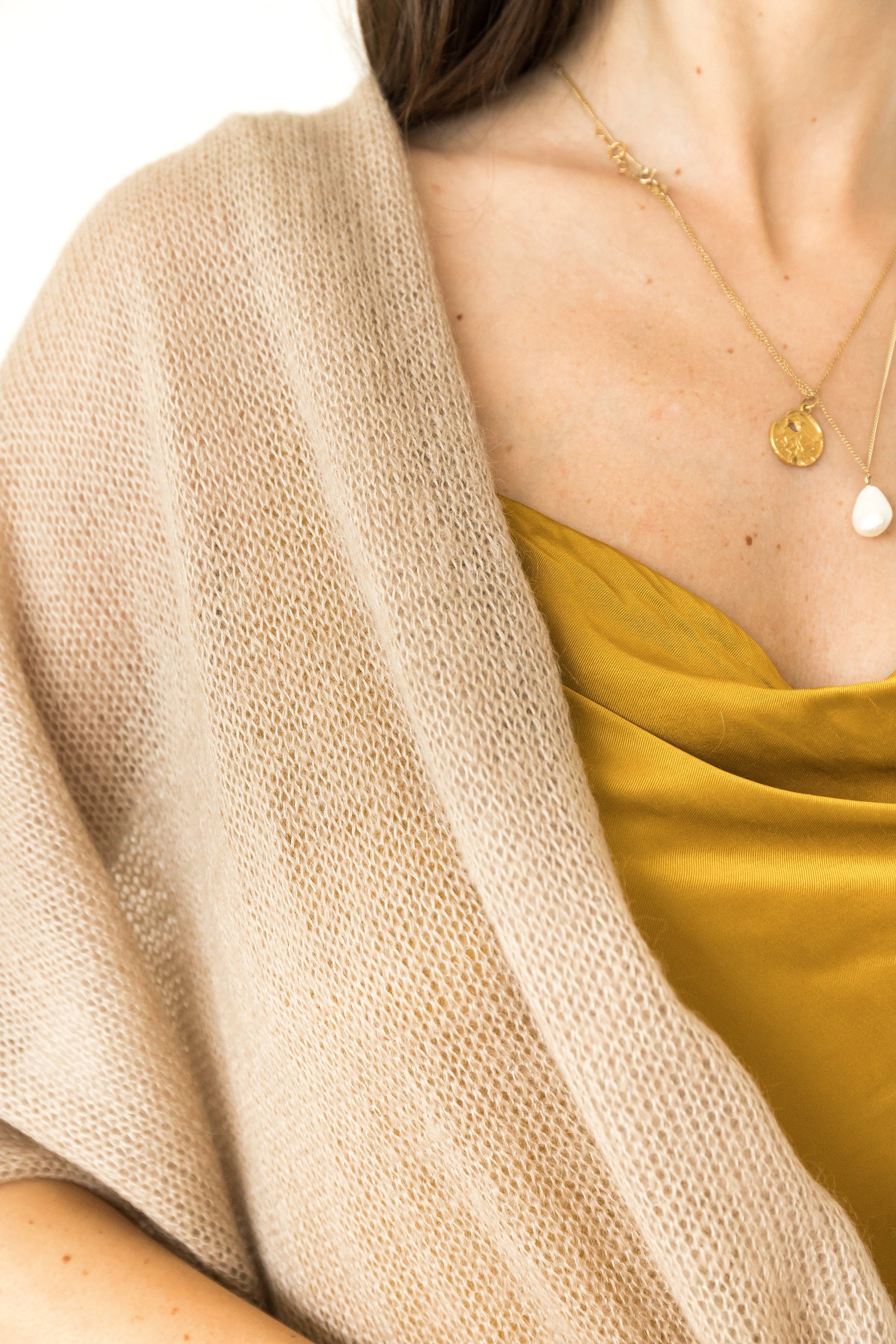 Beige knit mohair shawl, cape with silk, nude cover up, women knit scarf, gift for her