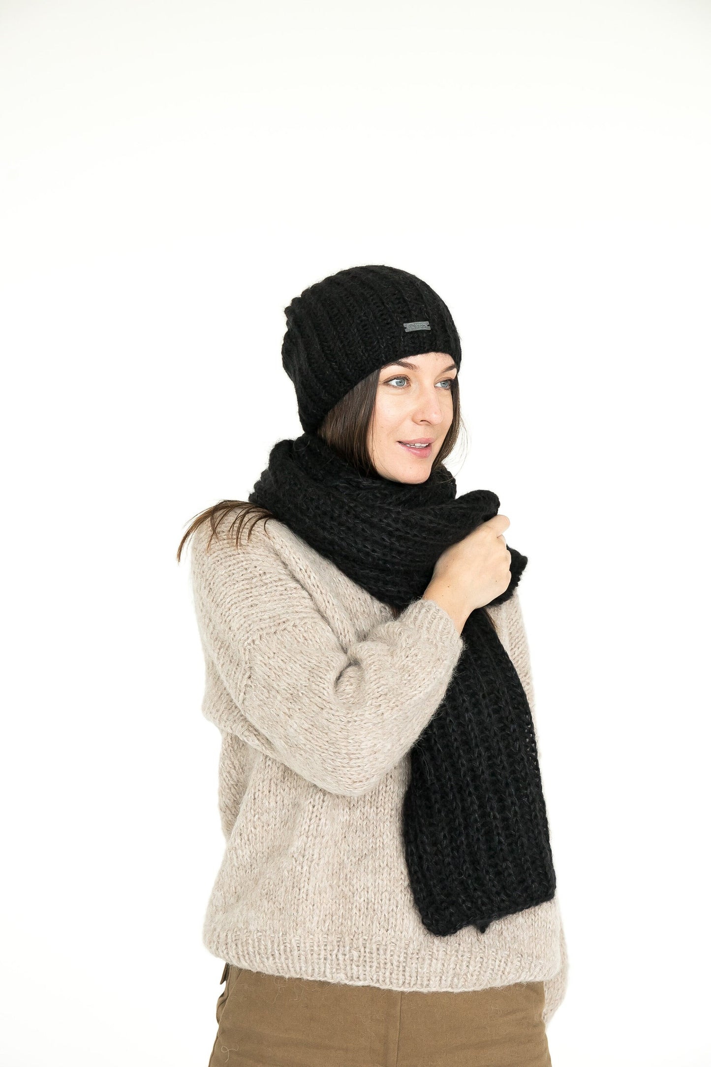 Handmade Black Ribbed Knit Mohair And Alpaca XXL Scarf And Hat Set, Cable Knitted Winter Shawl And Beanie Set, Warm Minimalism Woman's Gift