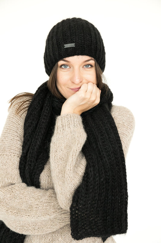 Handmade Black Ribbed Knit Mohair And Alpaca XXL Scarf And Hat Set, Cable Knitted Winter Shawl And Beanie Set, Warm Minimalism Woman's Gift