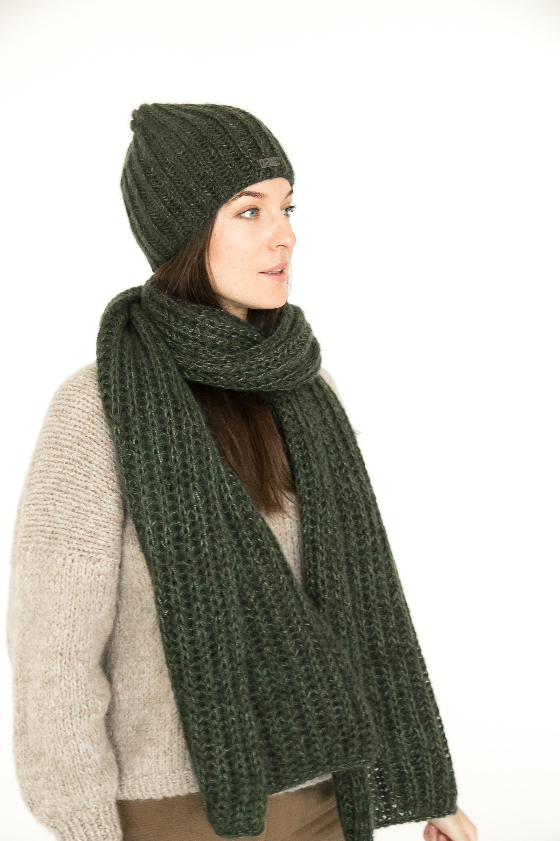 Knit hat and scarf set. Lovely women's mohair scarf and mohair hat. Fuzzy scarf and slouchy beanie green hat.