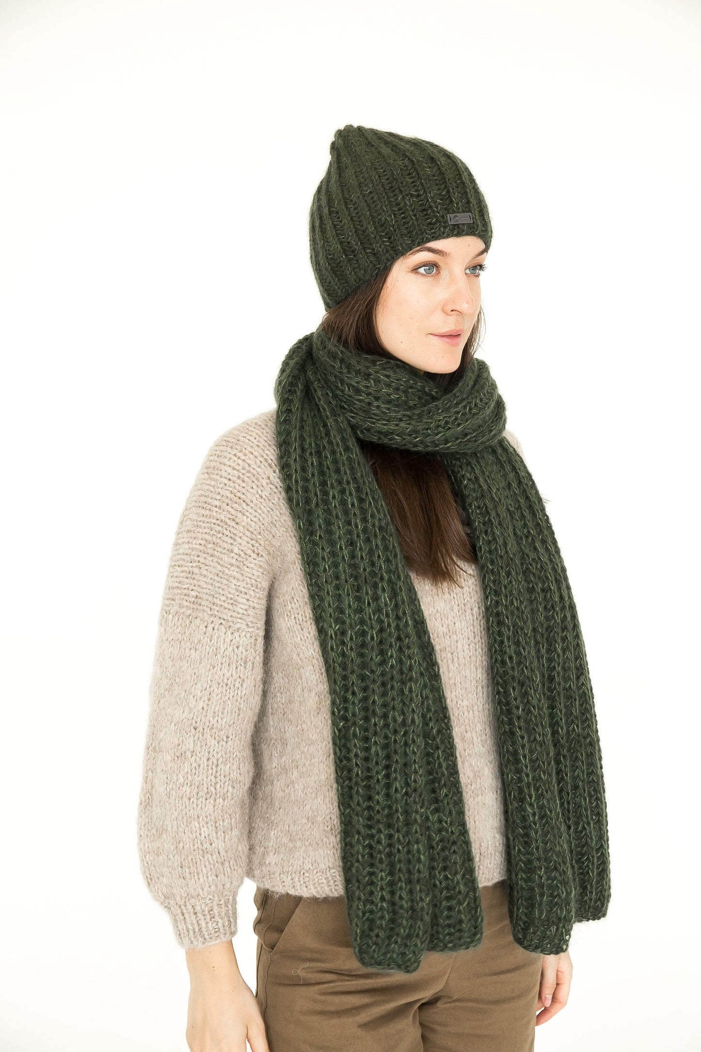 Knit hat and scarf set. Lovely women's mohair scarf and mohair hat. Fuzzy scarf and slouchy beanie green hat.
