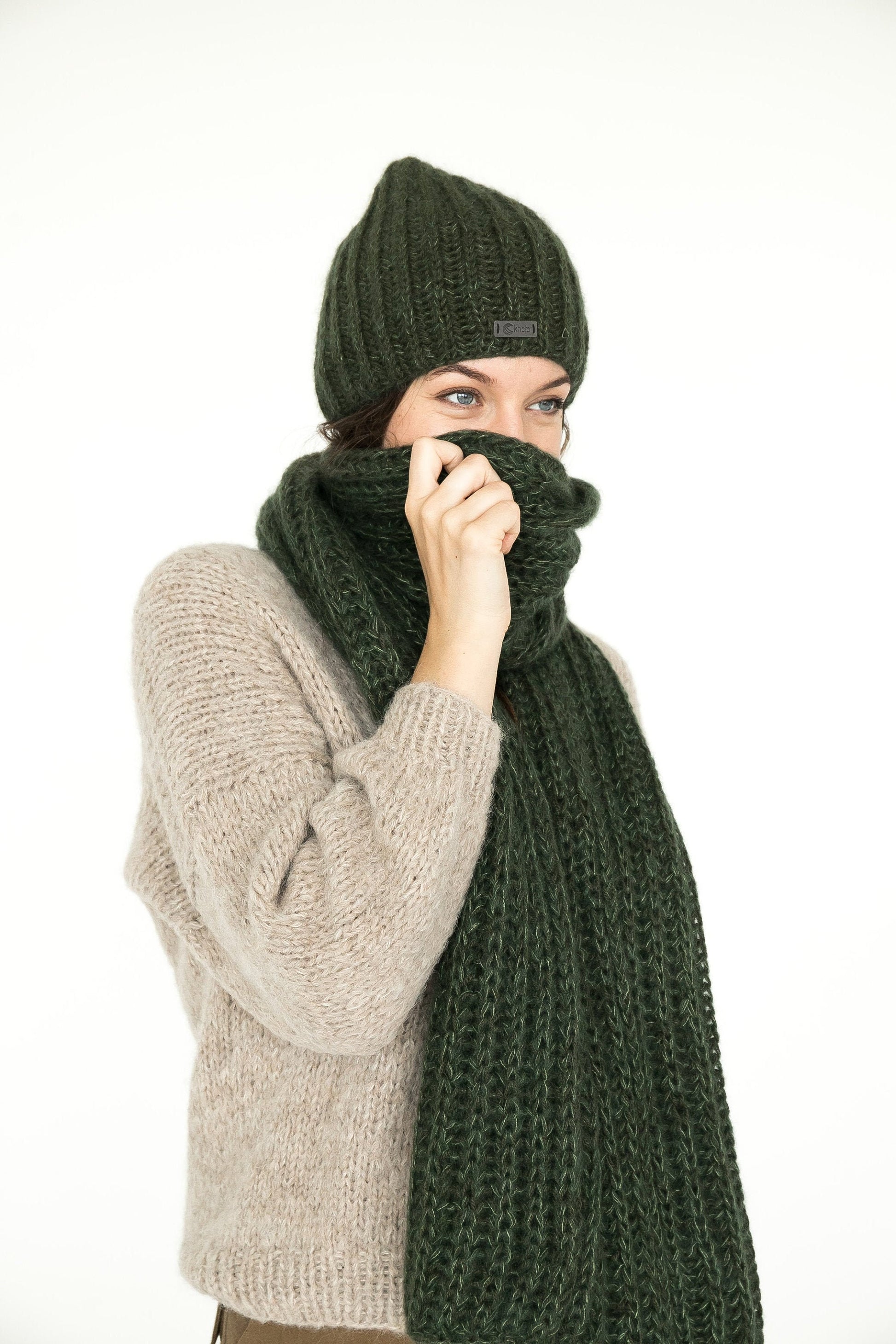 Knit hat and scarf set. Lovely women's mohair scarf and mohair hat. Fuzzy scarf and slouchy beanie green hat.