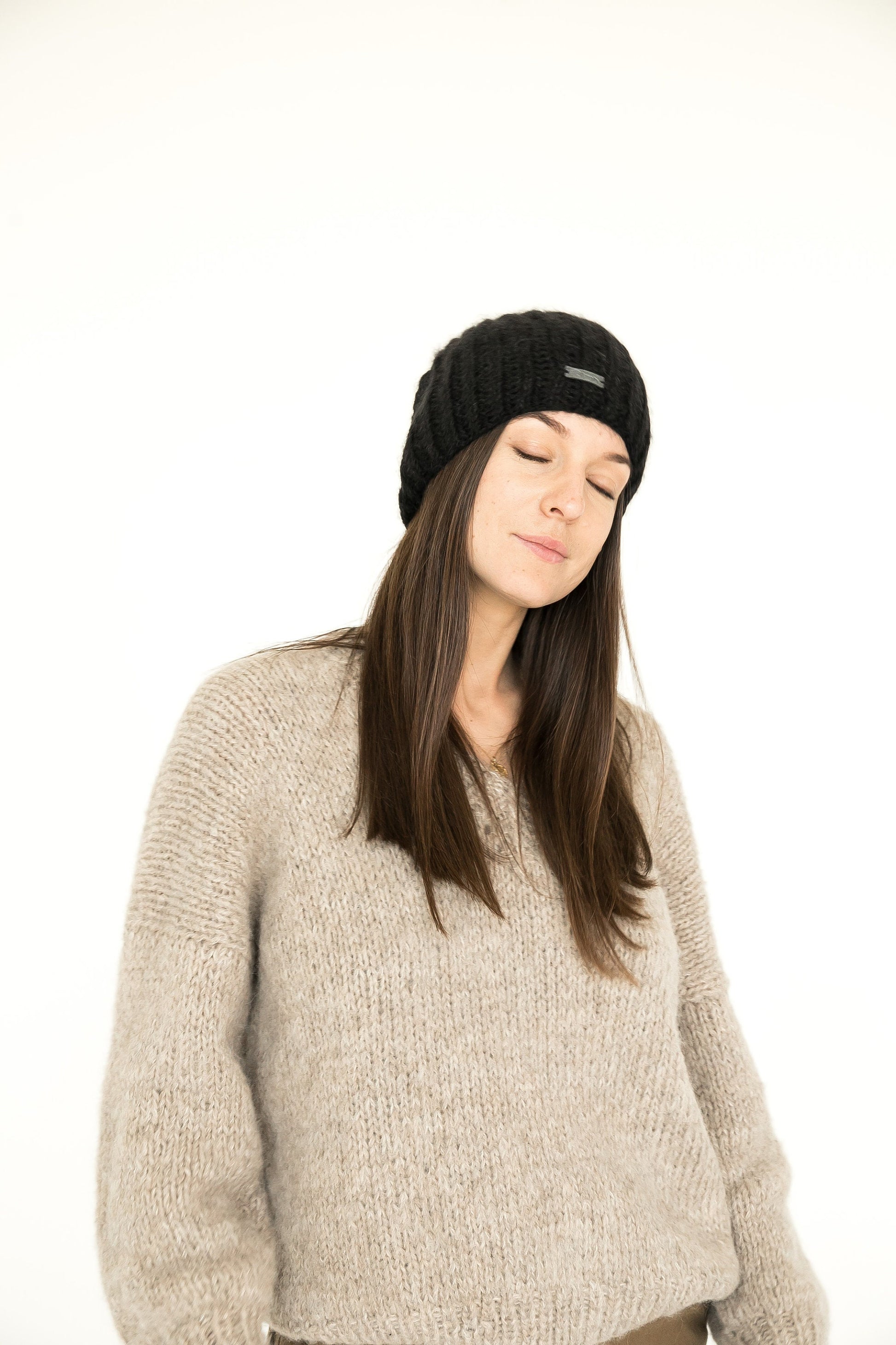 Black wool hat, cable knit hat, slouchy beanie, womens alpaca hat, winter hat, gift for her, ready to ship, gift for women, christmas gift