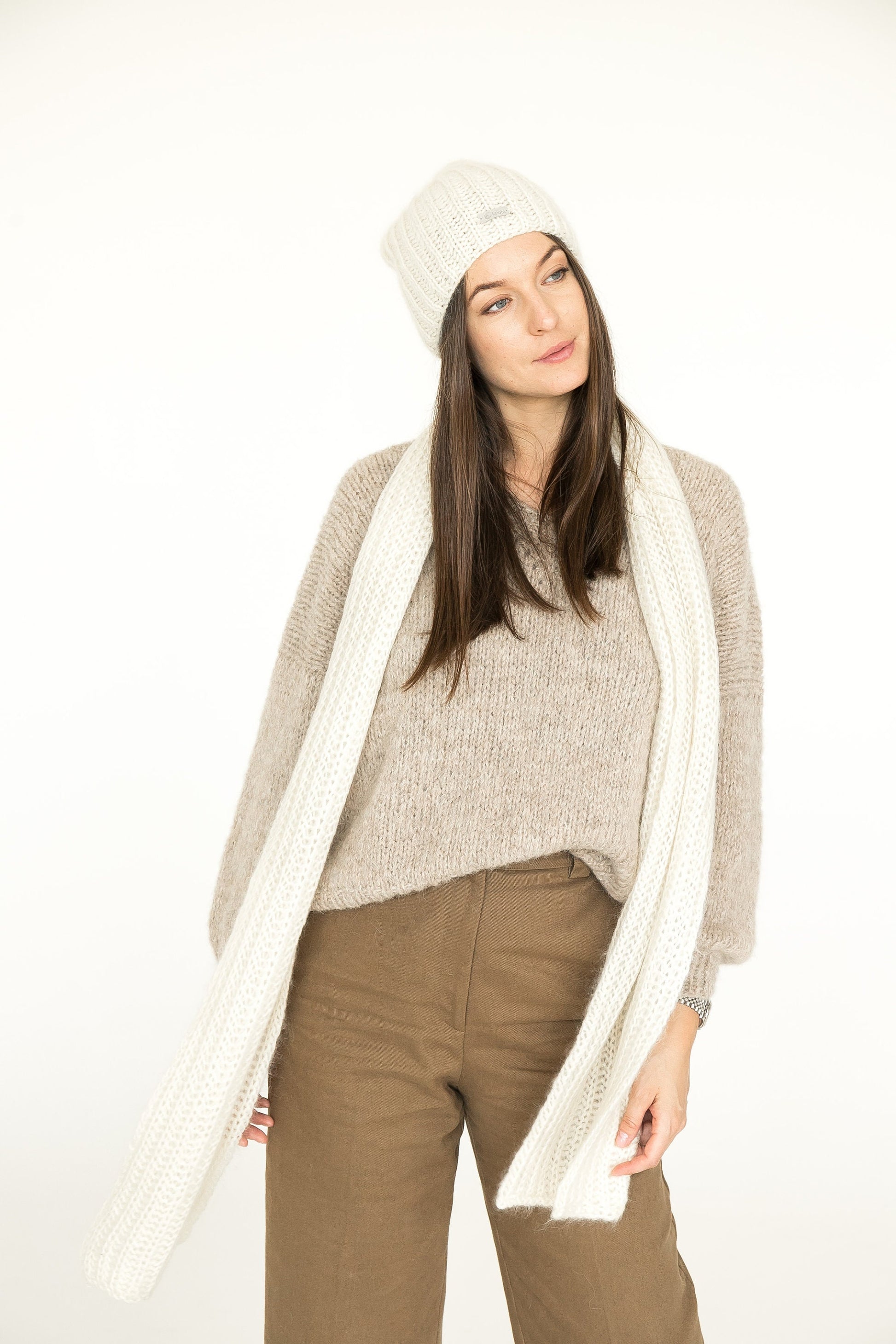 READY TO SHIP. Knit hat and scarf set. Lovely women's mohair scarf and mohair hat. Fuzzy scarf and slouchy beanie white hat.