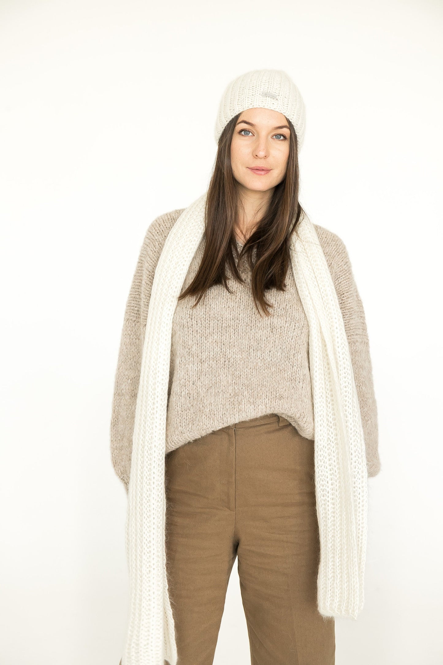 READY TO SHIP. Knit hat and scarf set. Lovely women's mohair scarf and mohair hat. Fuzzy scarf and slouchy beanie white hat.