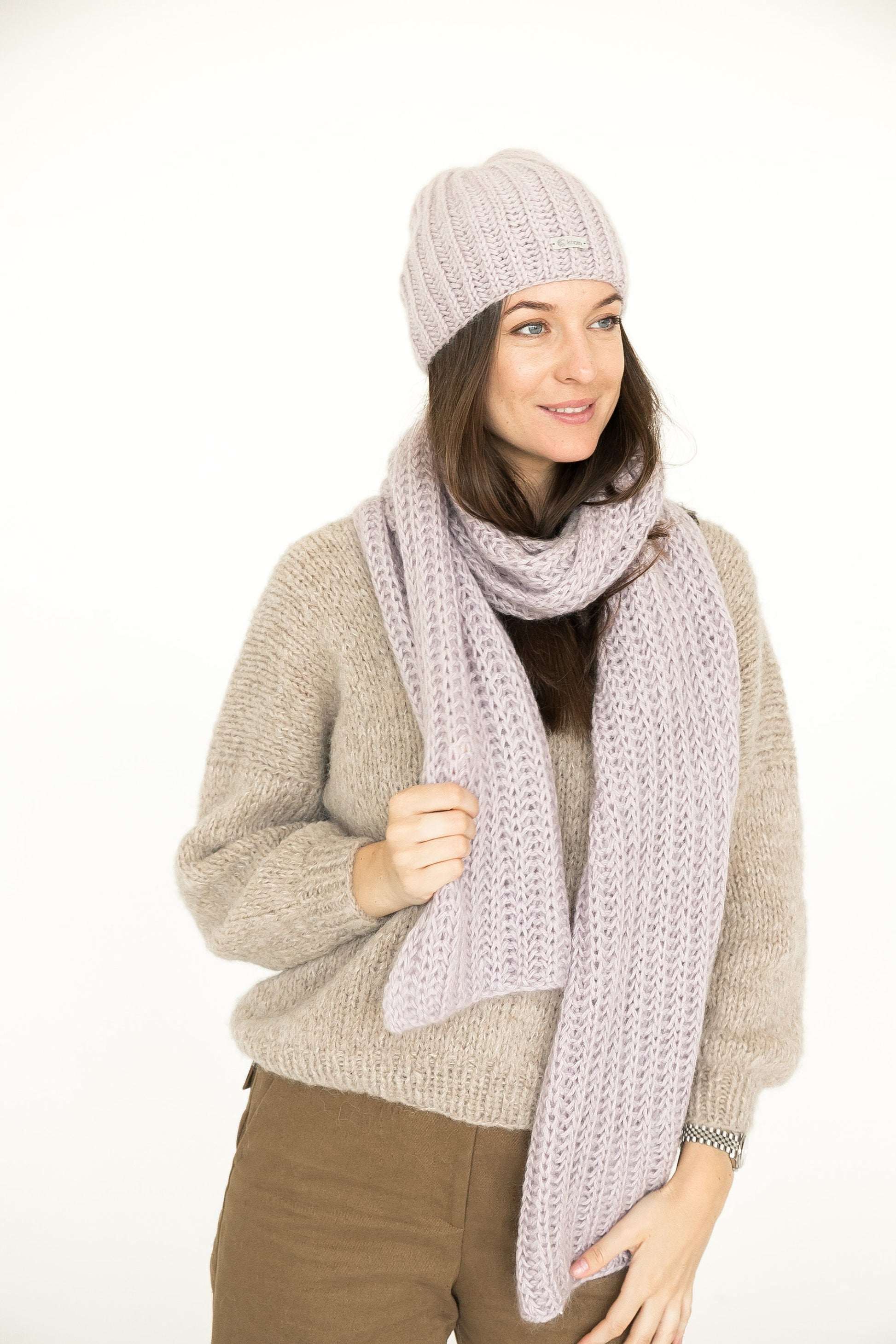 Knit hat and scarf set. Lovely women's mohair scarf and mohair hat. Fuzzy scarf and slouchy beanie purple hat.