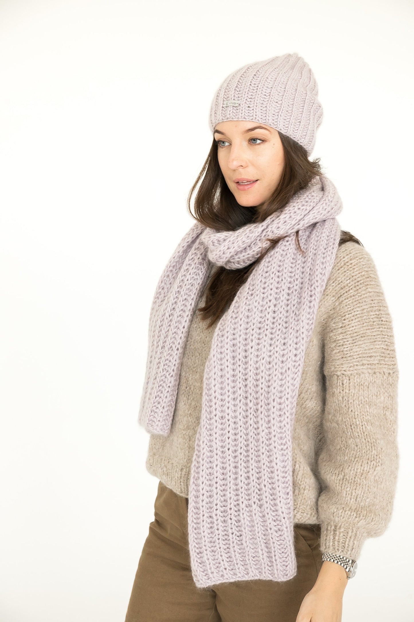 Knit hat and scarf set. Lovely women's mohair scarf and mohair hat. Fuzzy scarf and slouchy beanie purple hat.