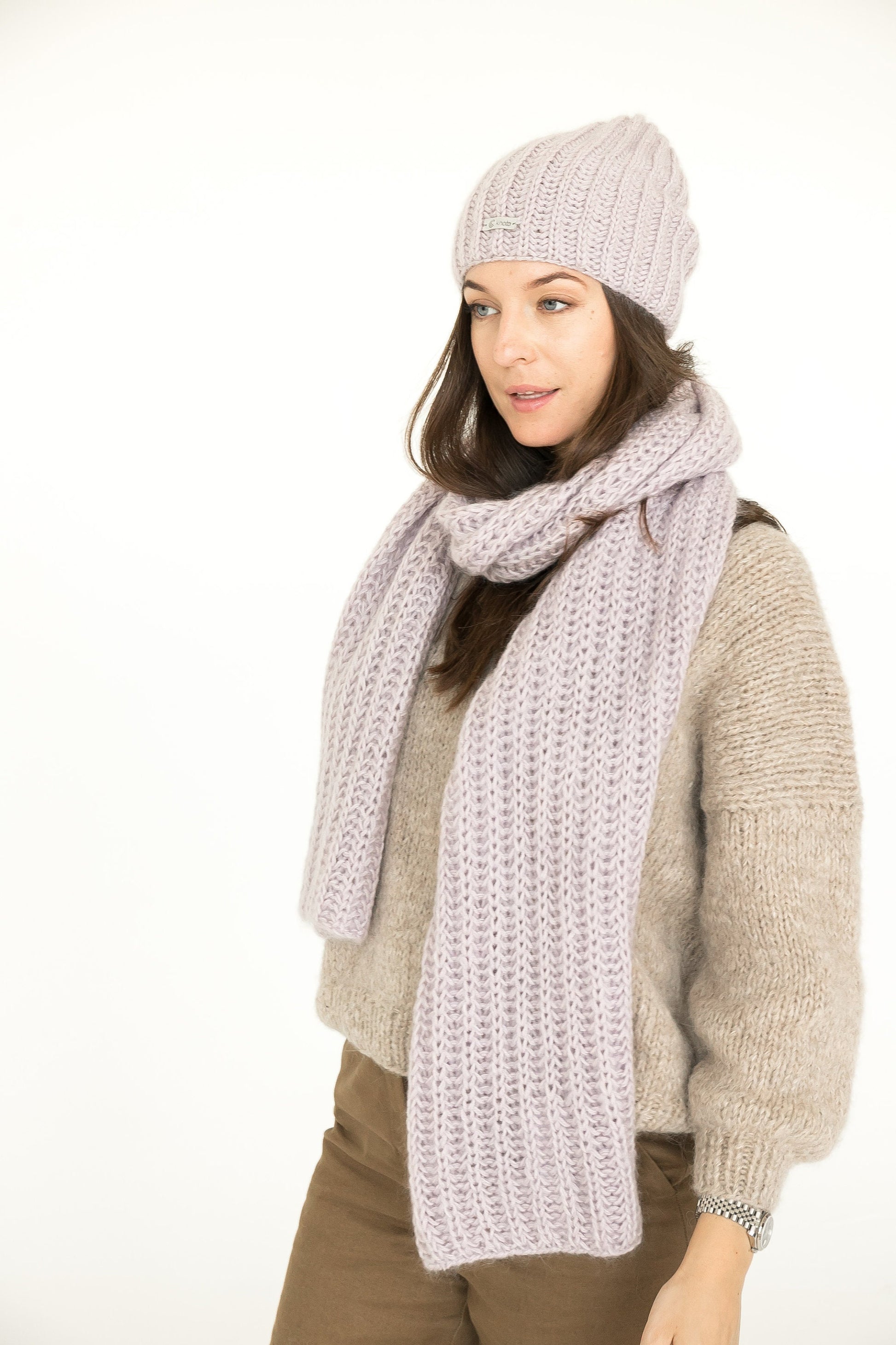 Knit hat and scarf set. Lovely women's mohair scarf and mohair hat. Fuzzy scarf and slouchy beanie purple hat.