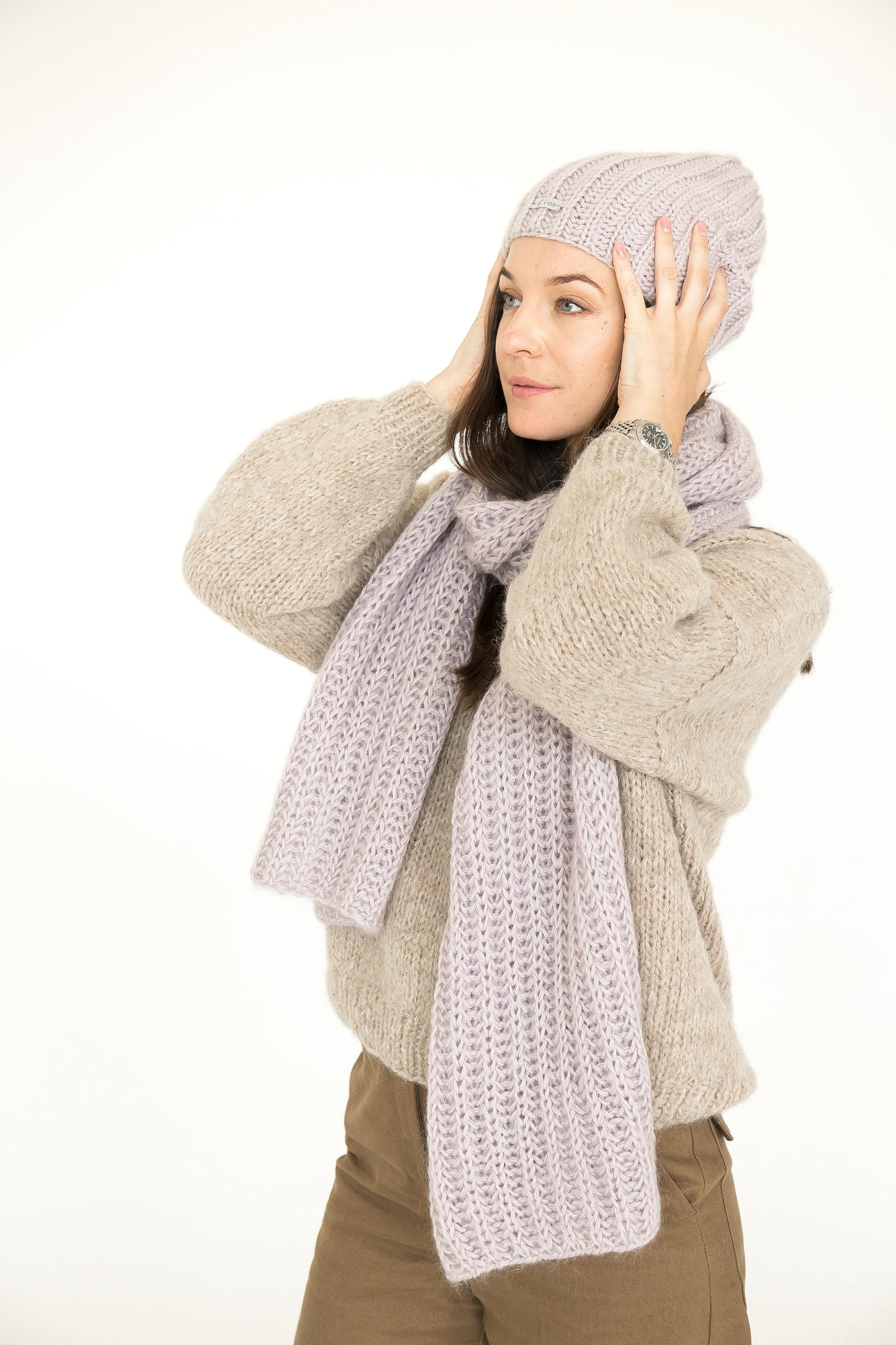 Knit hat and scarf set. Lovely women's mohair scarf and mohair hat. Fuzzy scarf and slouchy beanie purple hat.