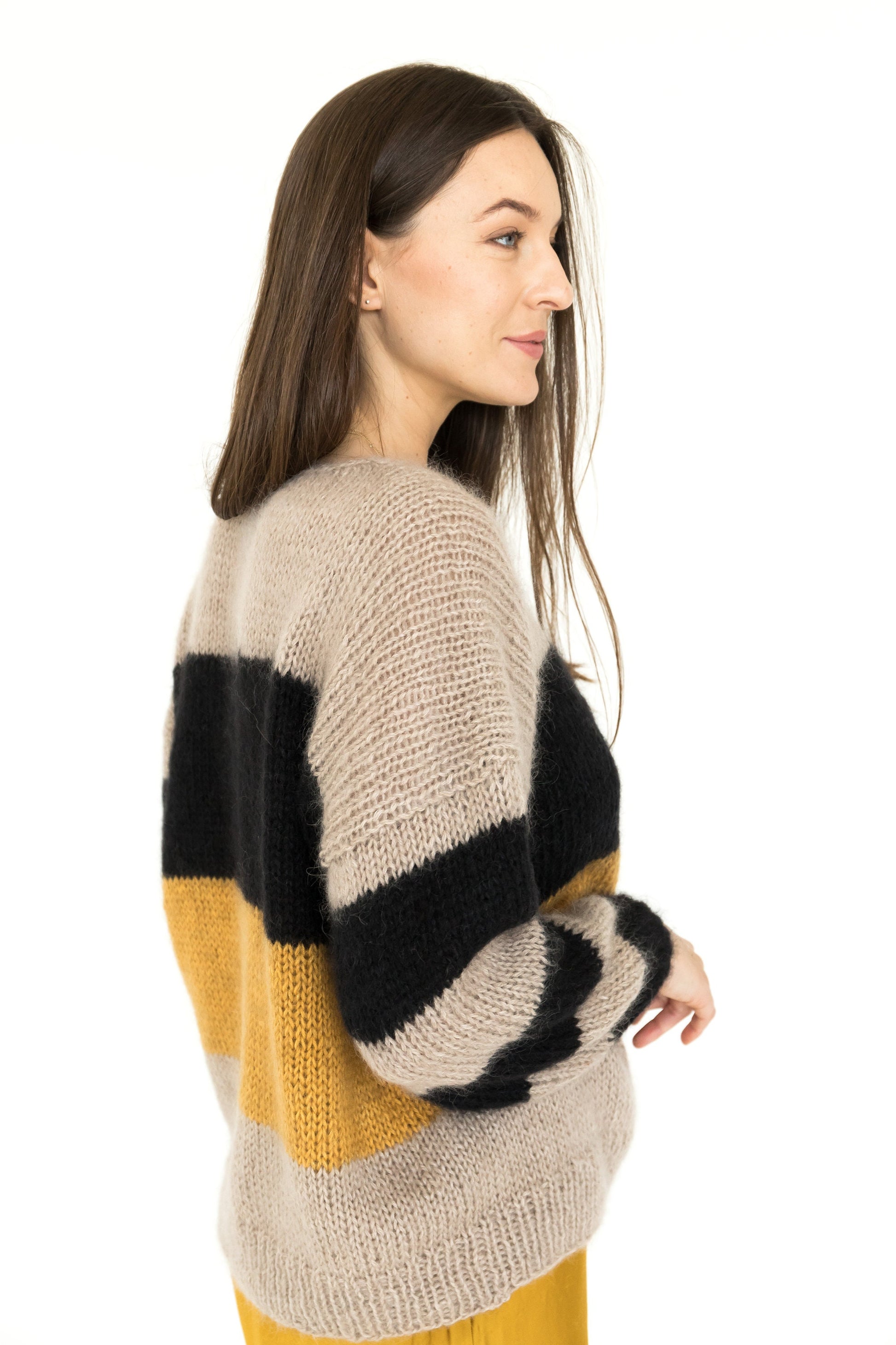 Striped mohair sweater, beige, yellow mustard, black stripes, cable knit fuzzy alpaca wool blend jumper, slightly oversized fluffy pullover