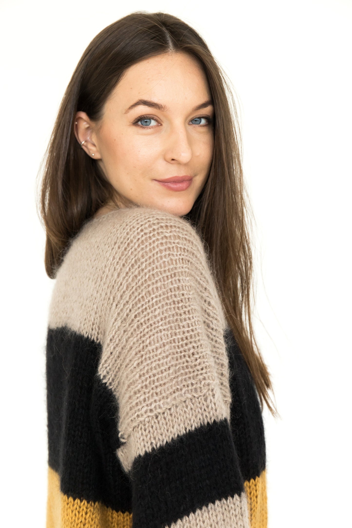 Striped mohair sweater, beige, yellow mustard, black stripes, cable knit fuzzy alpaca wool blend jumper, slightly oversized fluffy pullover