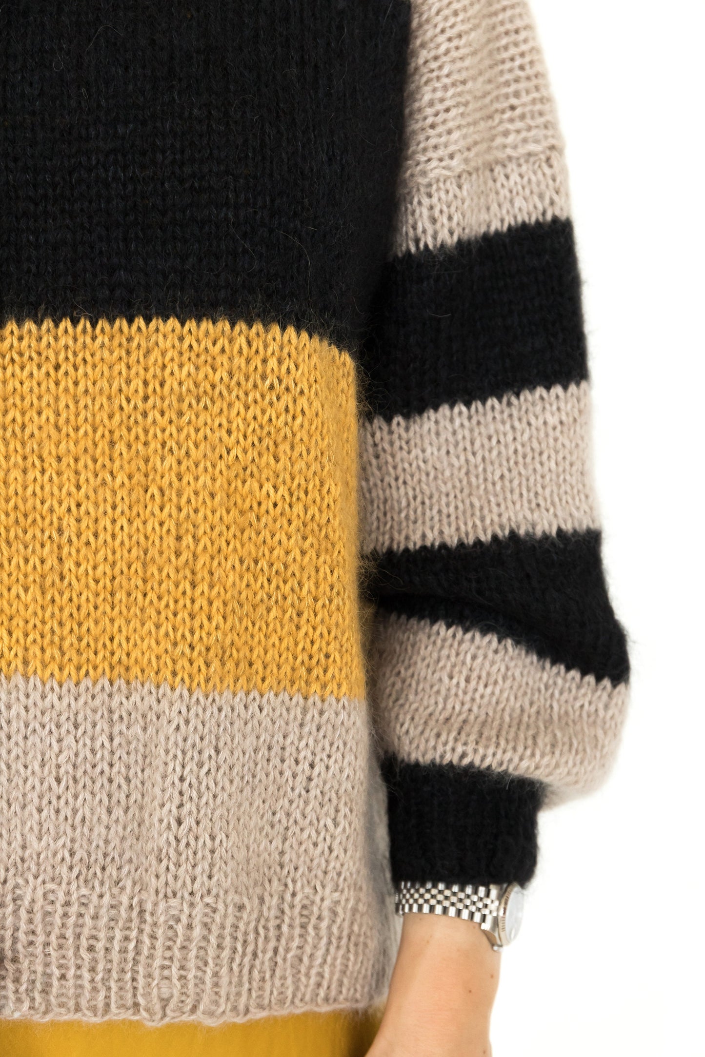 Striped mohair sweater, beige, yellow mustard, black stripes, cable knit fuzzy alpaca wool blend jumper, slightly oversized fluffy pullover