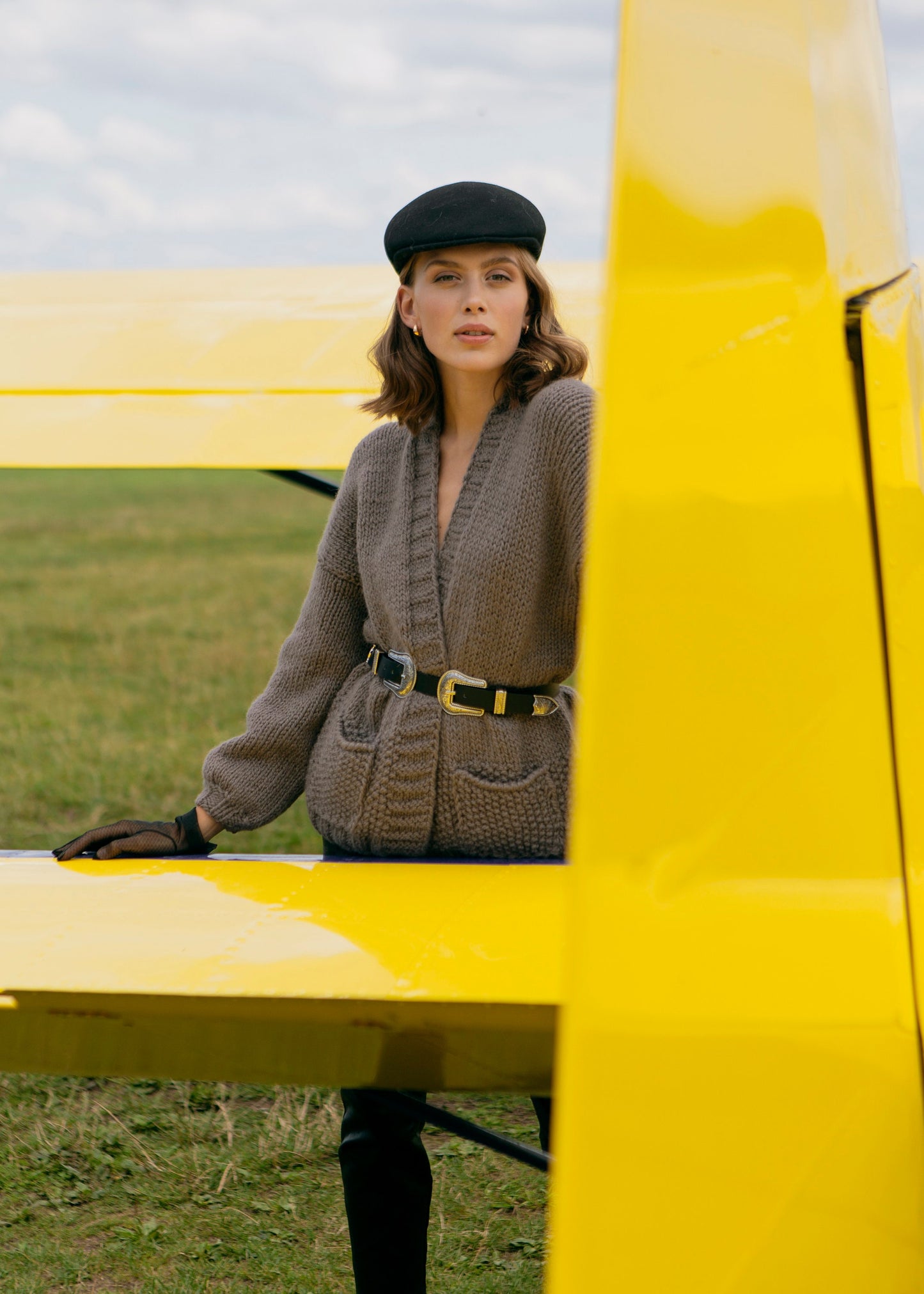 Oversize cable knit cardigan with pockets, chunky knit brown aplaca sweater