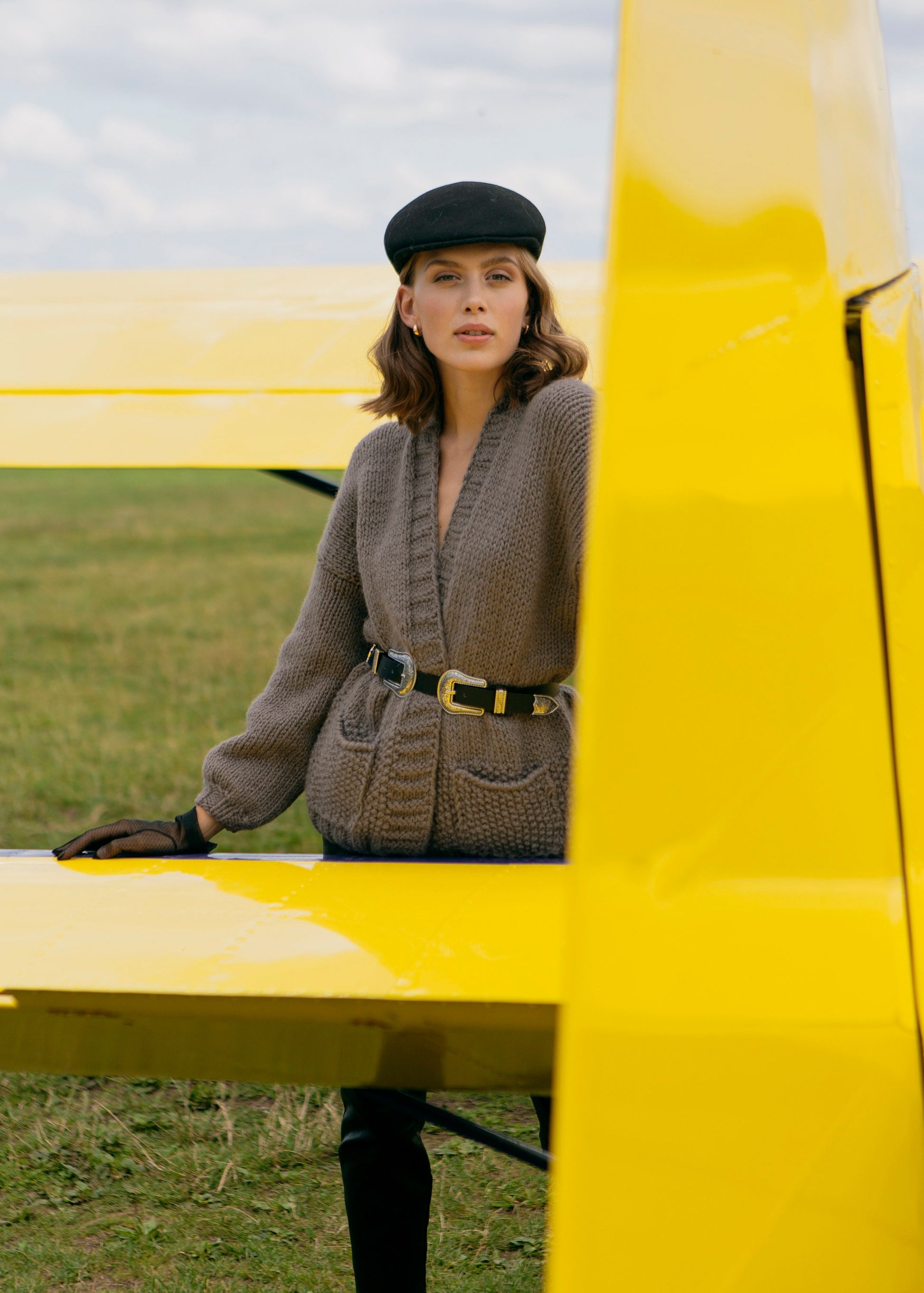 Oversize cable knit cardigan with pockets, chunky knit brown aplaca sweater