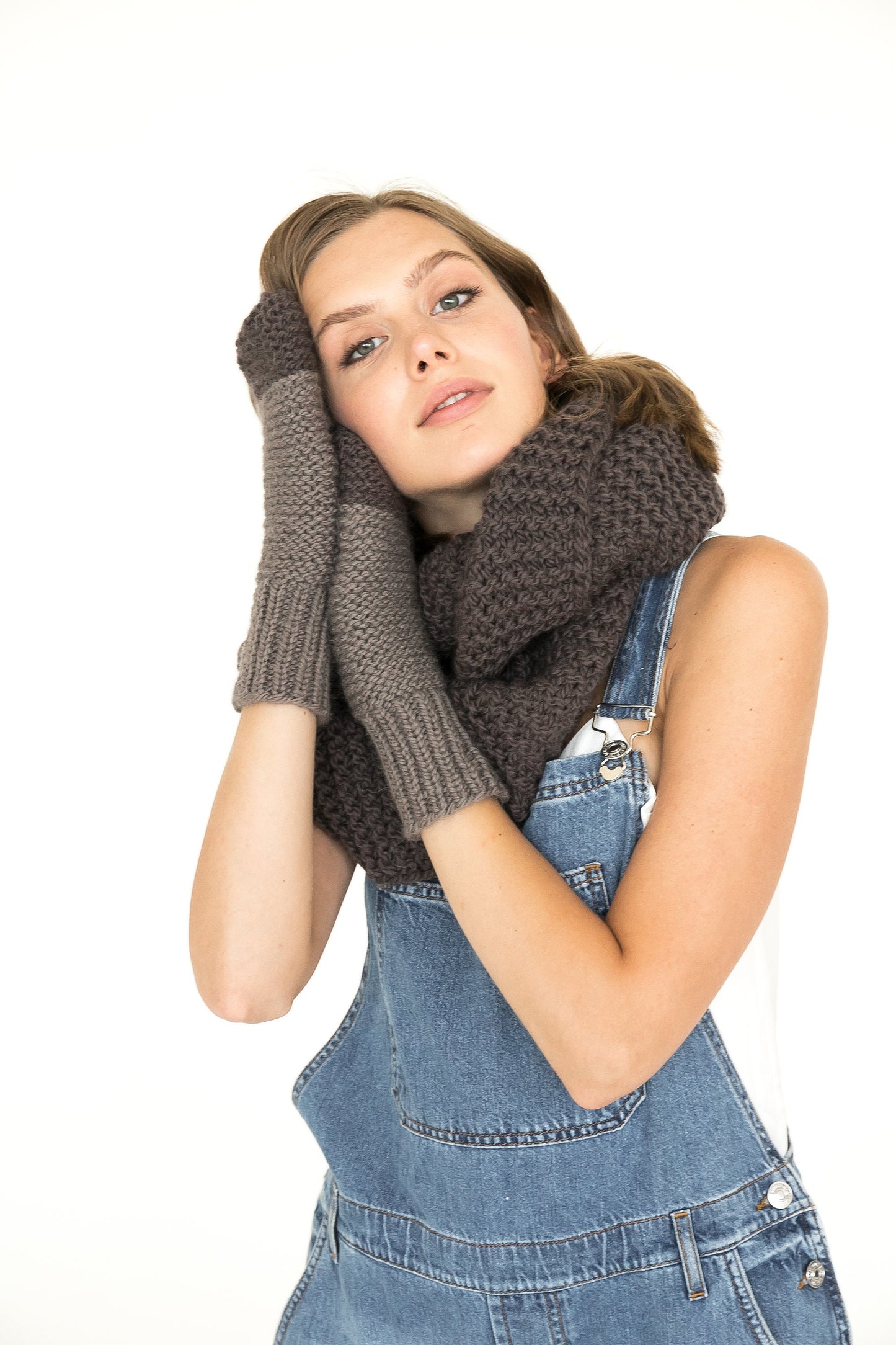 Brown infinity scarf and mittens set, alpaca cowl scarf with winter gloves, warm tube scarf and cable gloves set, arm warmers