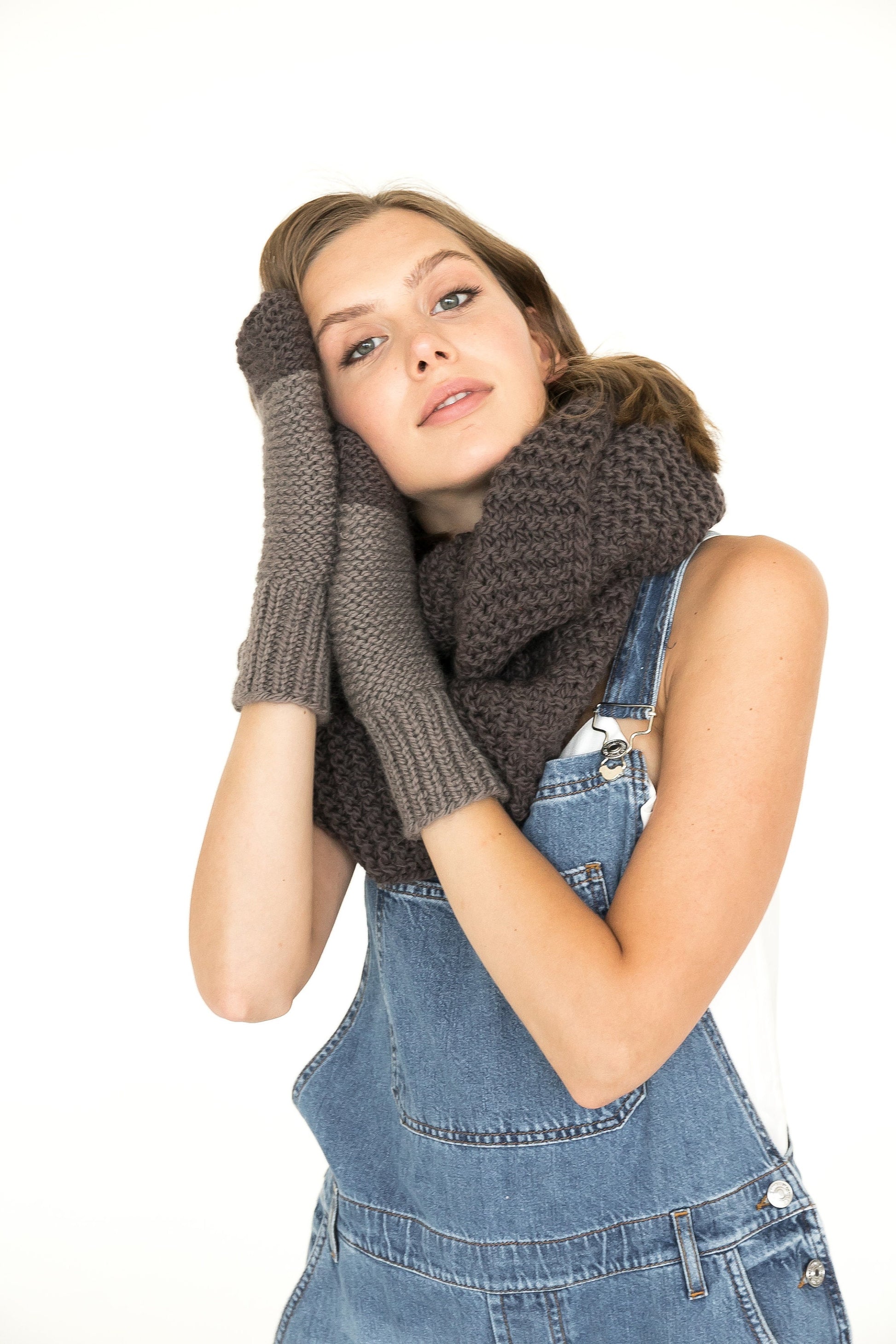 Brown infinity scarf and mittens set, alpaca cowl scarf with winter gloves, warm tube scarf and cable gloves set, arm warmers