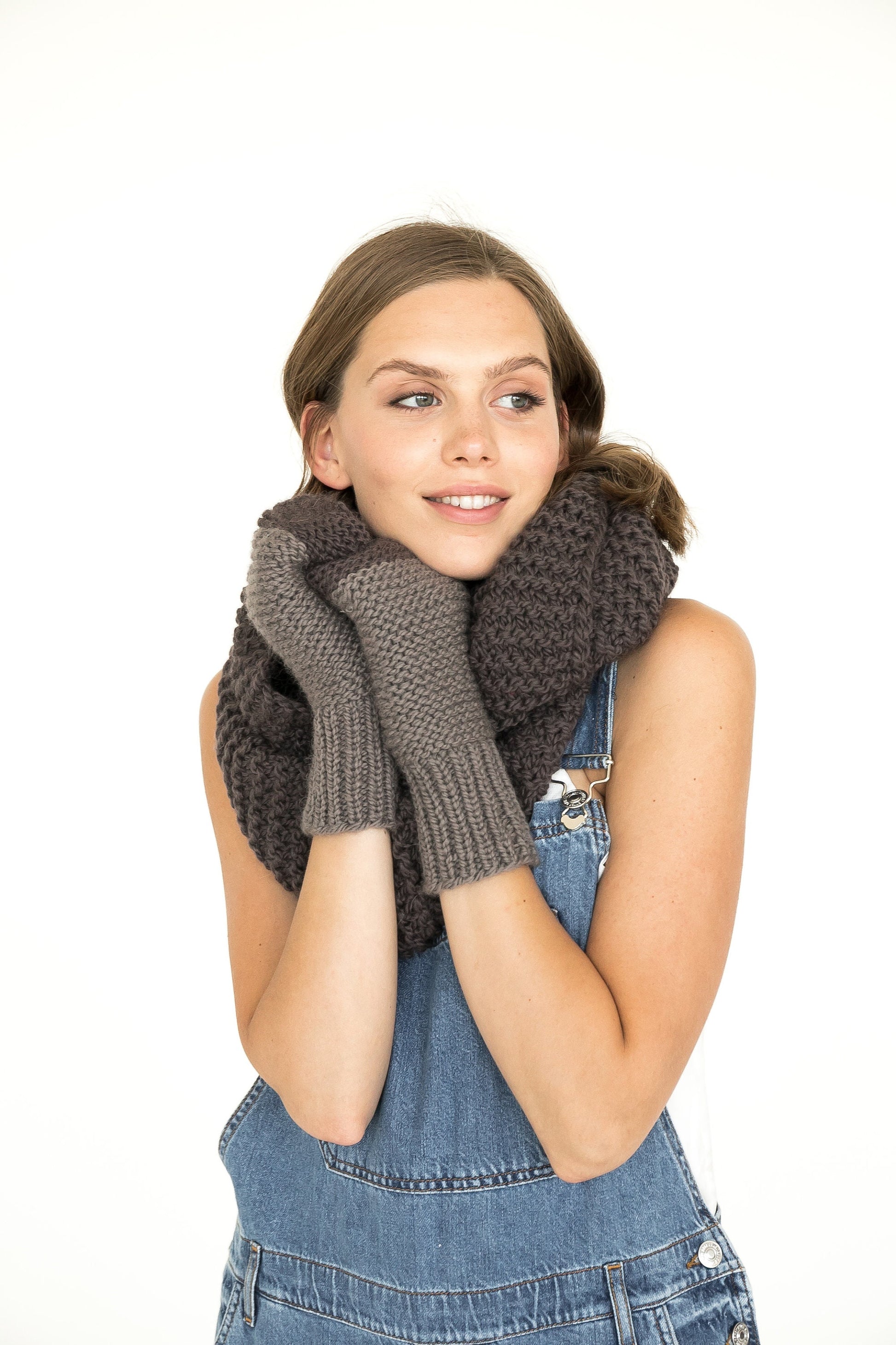 Brown infinity scarf and mittens set, alpaca cowl scarf with winter gloves, warm tube scarf and cable gloves set, arm warmers