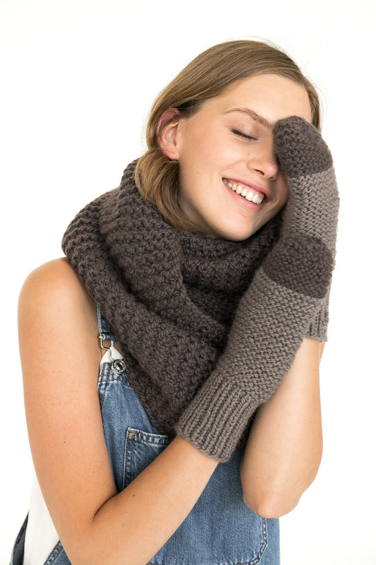 Brown infinity scarf and mittens set, alpaca cowl scarf with winter gloves, warm tube scarf and cable gloves set, arm warmers