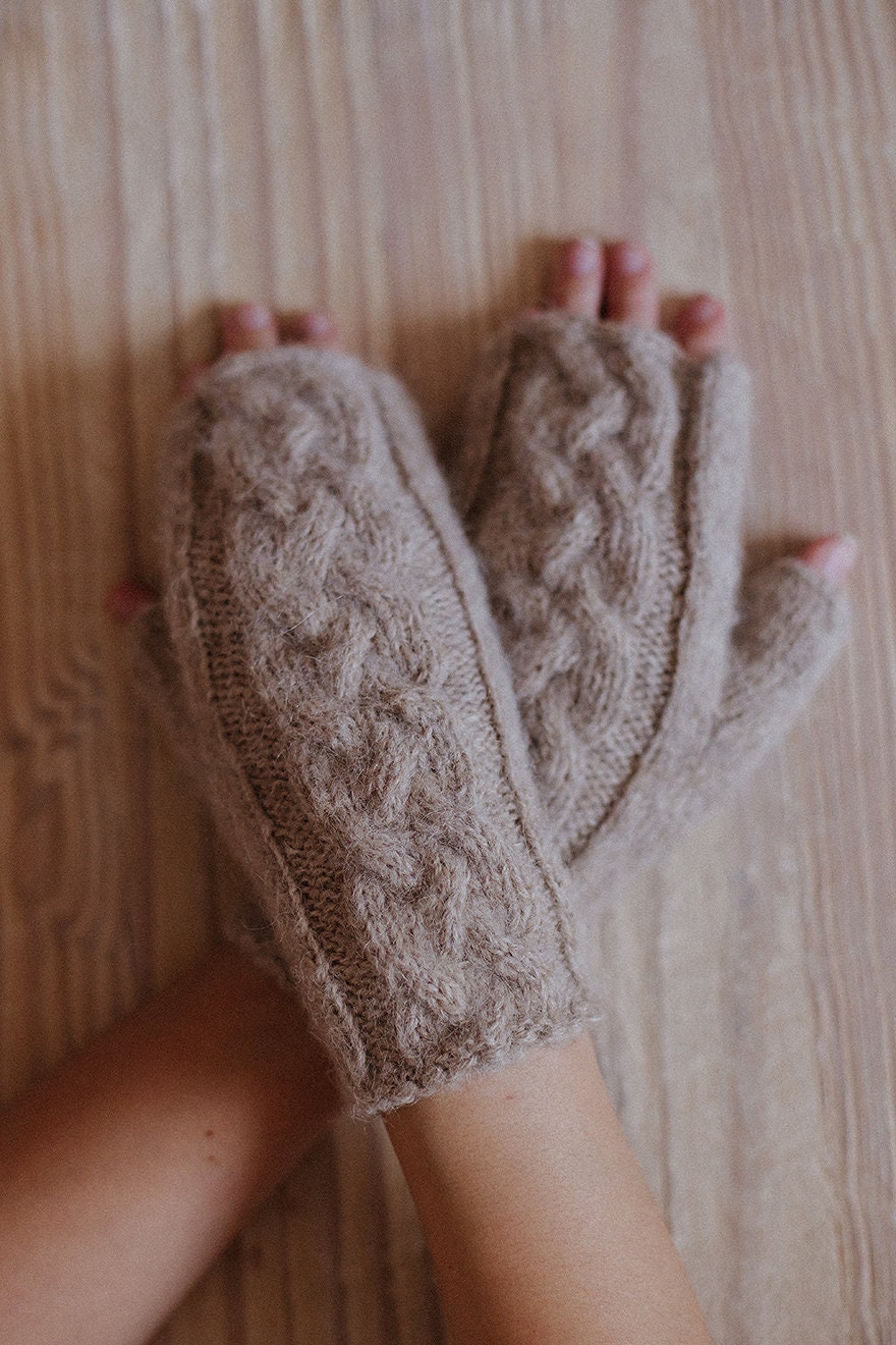 Beige fingerless gloves, women&#39;s knit mittens, nude hand warmers, alpaca wool fingerless mittens, gift for her, long warm gloves, accessory