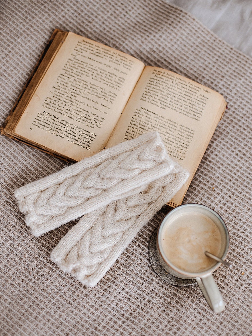 White fingerless gloves, women&#39;s knit mittens, nude hand warmers, alpaca wool fingerless mittens, gift for her, long warm gloves, accessory