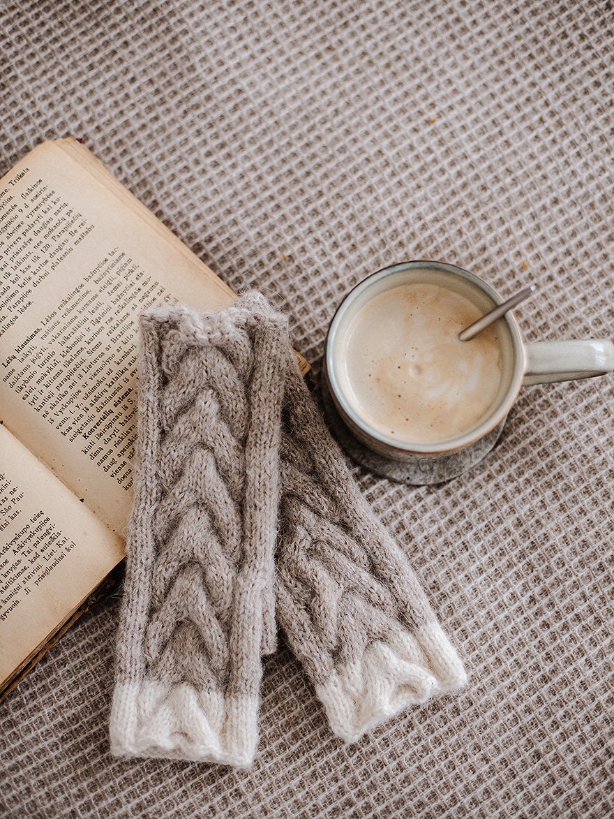 Beige fingerless gloves, womens knit mittens, nude hand warmers, alpaca wool fingerless mittens, gift for her, long warm gloves, accessory