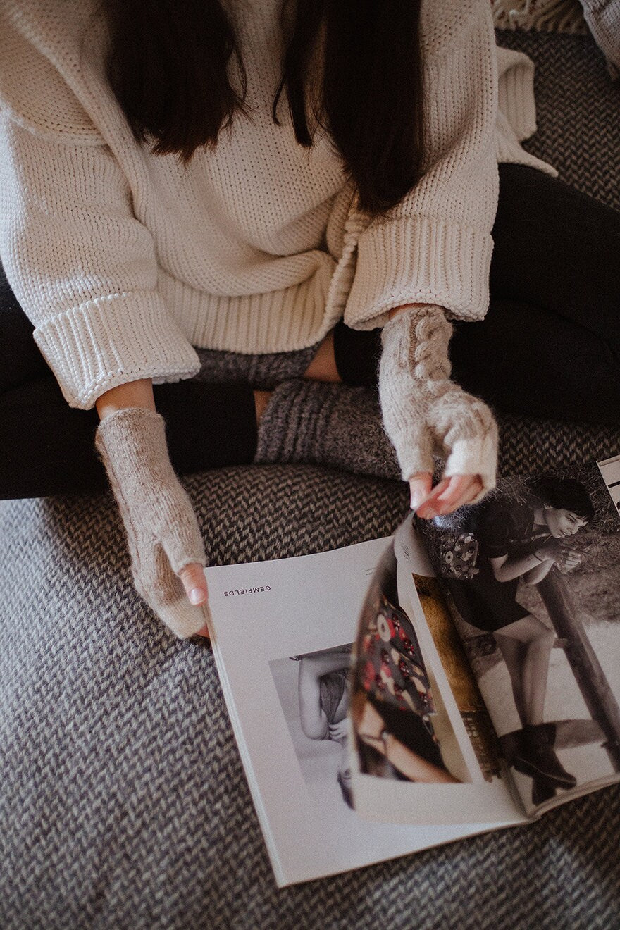 Beige fingerless gloves, womens knit mittens, nude hand warmers, alpaca wool fingerless mittens, gift for her, long warm gloves, accessory