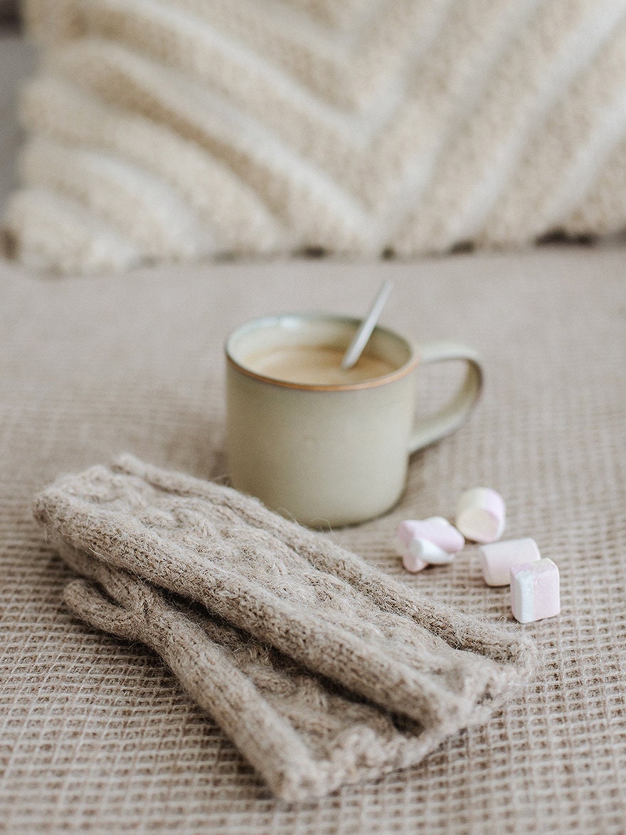Beige fingerless gloves, women&#39;s knit mittens, nude hand warmers, alpaca wool fingerless mittens, gift for her, long warm gloves, accessory
