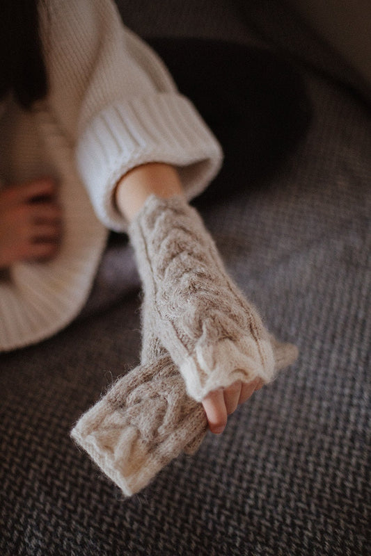 Beige fingerless gloves, womens knit mittens, nude hand warmers, alpaca wool fingerless mittens, gift for her, long warm gloves, accessory