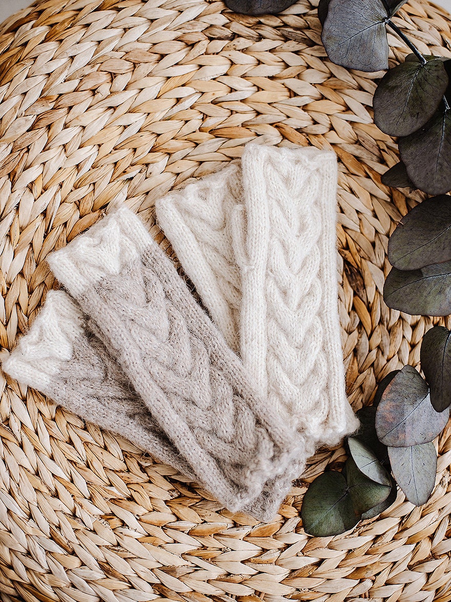 Beige fingerless gloves, womens knit mittens, nude hand warmers, alpaca wool fingerless mittens, gift for her, long warm gloves, accessory