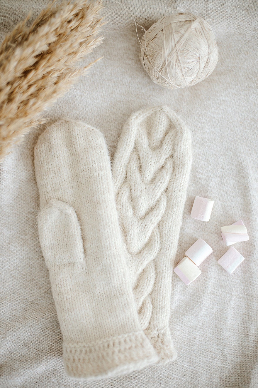 White  alpaca wool mittens, winter gloves, woolen gloves, mitts, cable gloves, alpaca mittens, arm warmers, knit mittens, sweater mittens