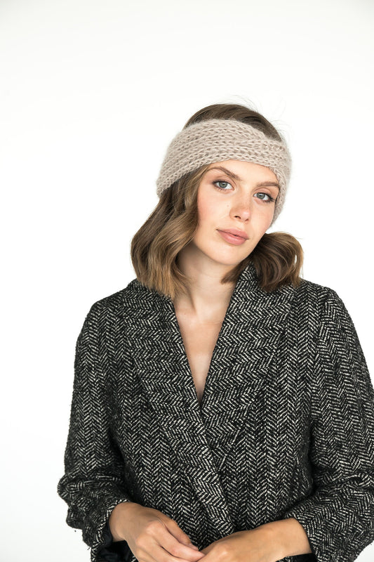 Beige ear warmer, nude winter headband, rib knit mohair truban, earmuff for woman, winter accessories, alpaca wool headband, gift for her