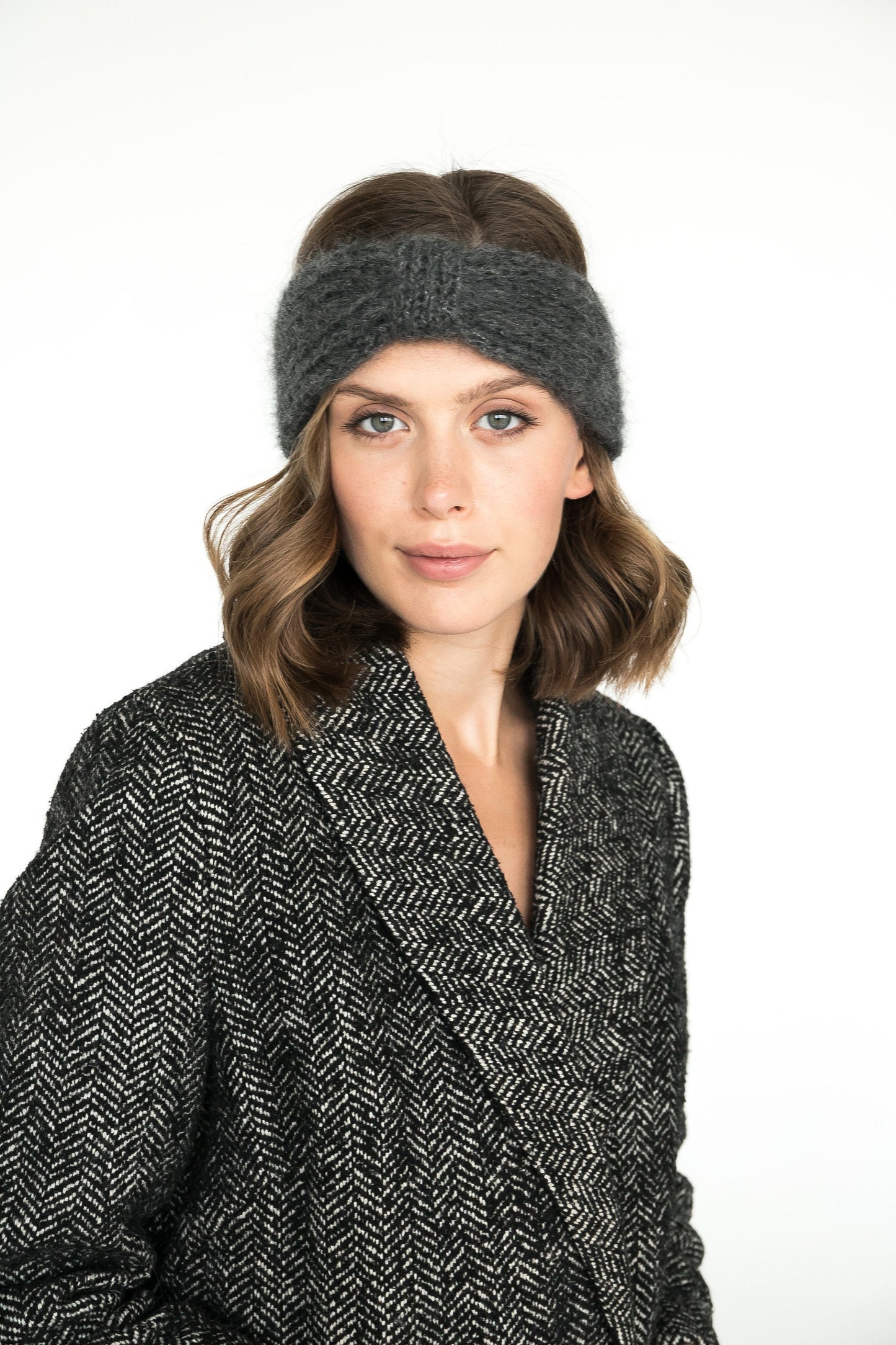 Gray ear warmer, boho winter headband, rib knit mohair truban, earmuff for woman, winter accessories, alpaca wool headband, gift for her