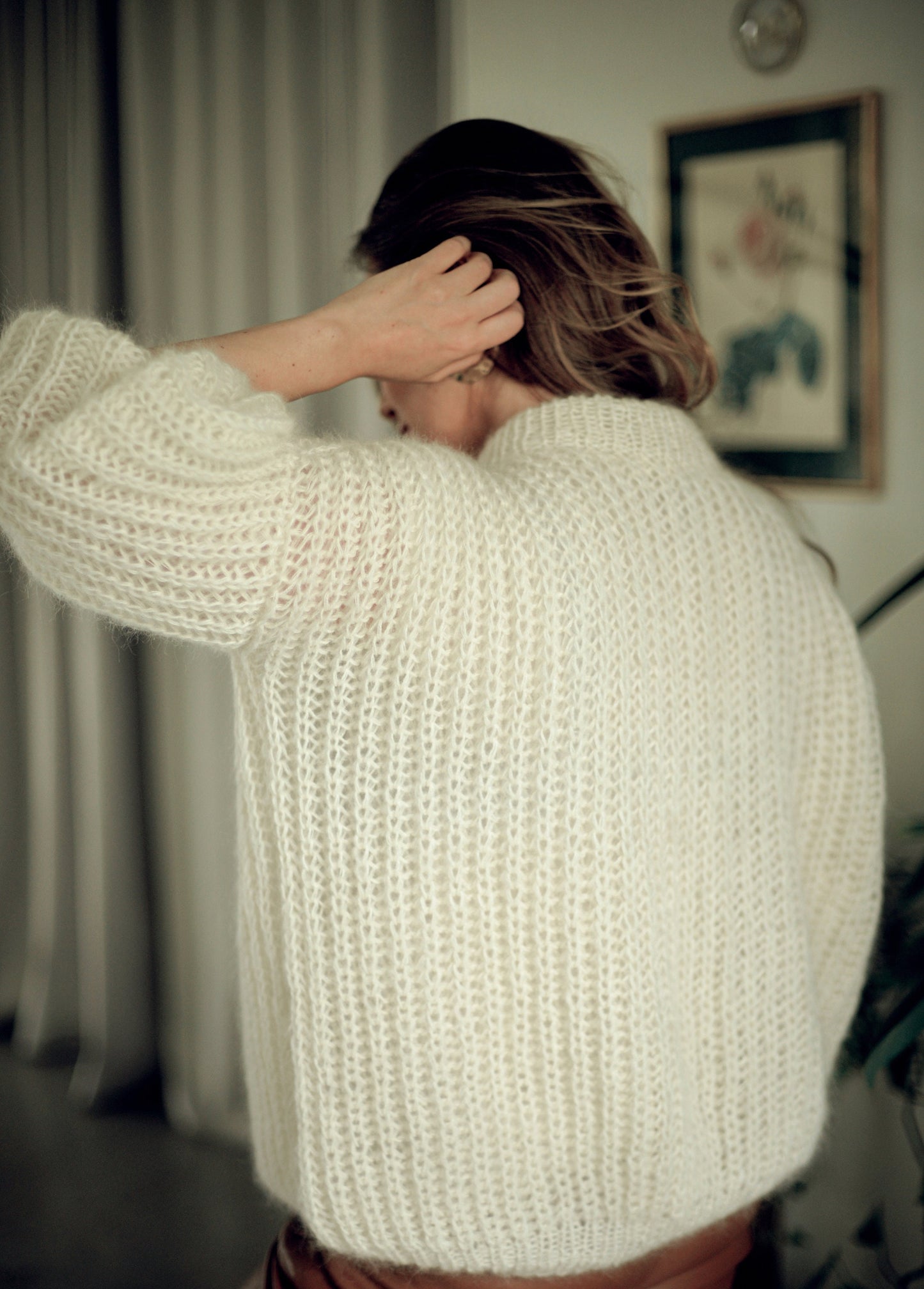 White oversized cable knit mohair sweater, ivory fuzzy chunky knitted alpaca wool blend jumper, fluffy fisherman ribbed handmade pullover