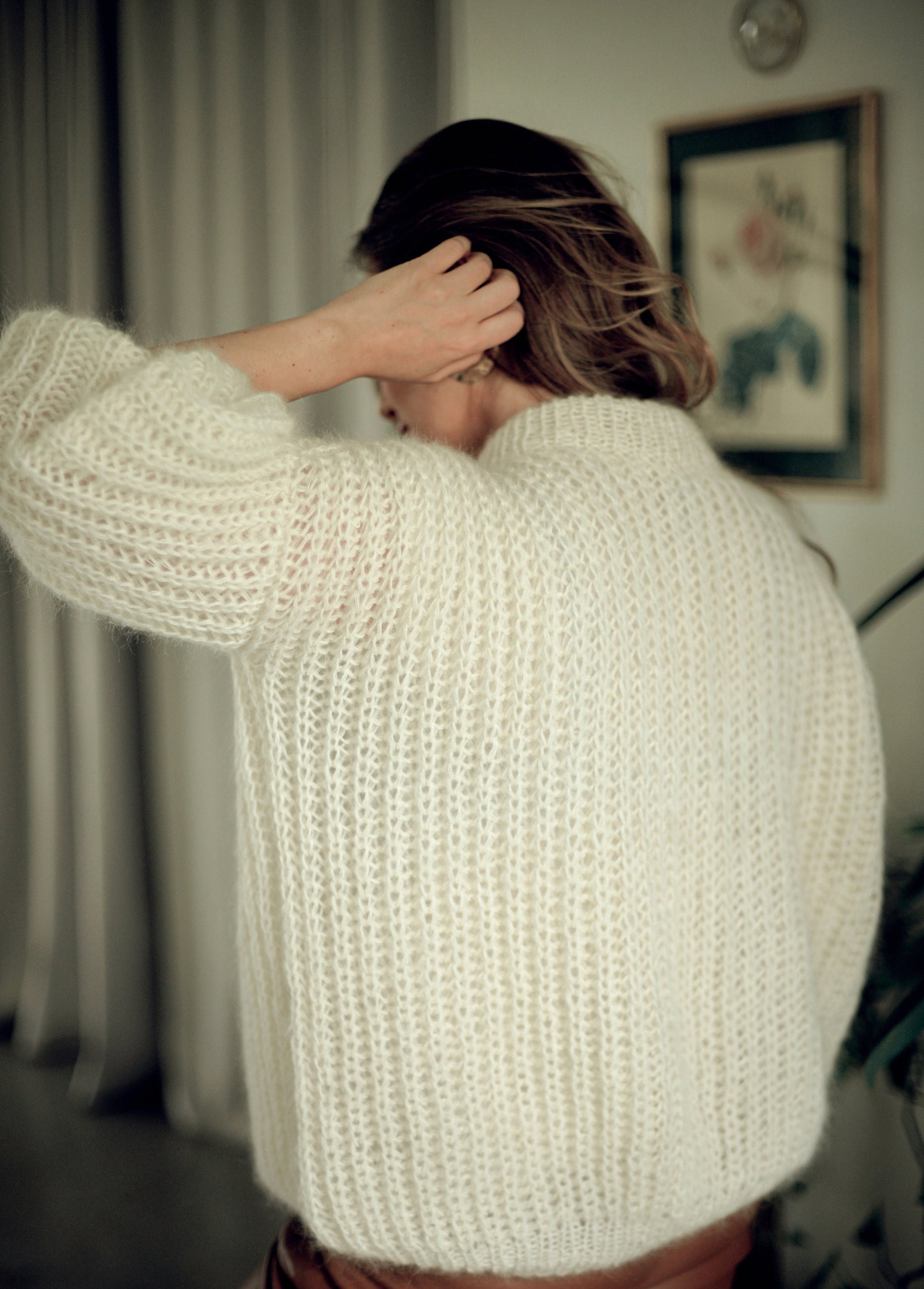 White oversized cable knit mohair sweater, ivory fuzzy chunky knitted alpaca wool blend jumper, fluffy fisherman ribbed handmade pullover