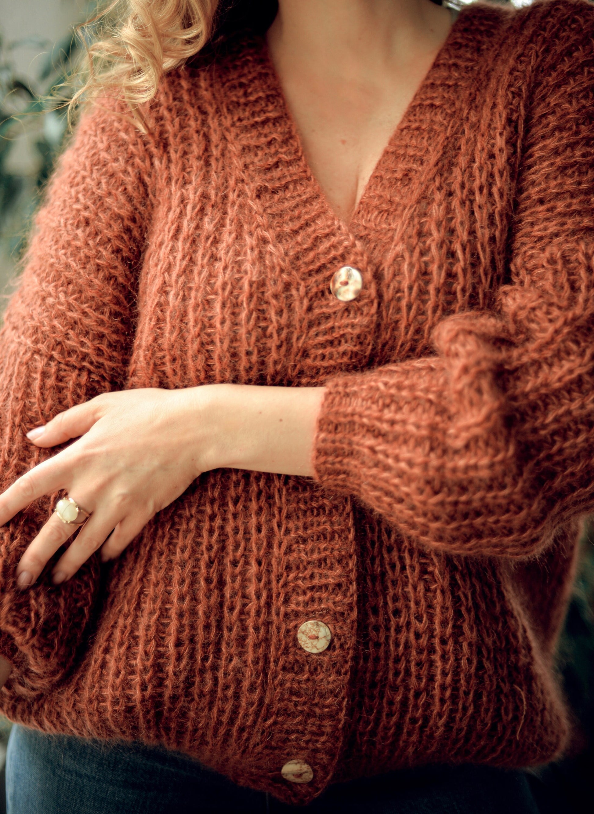 Rust cable knit mohair cardigan, orange fluffy alpaca blend sweater, ginger chunky knitted fuzzy jacket, oversized cardigan with buttons