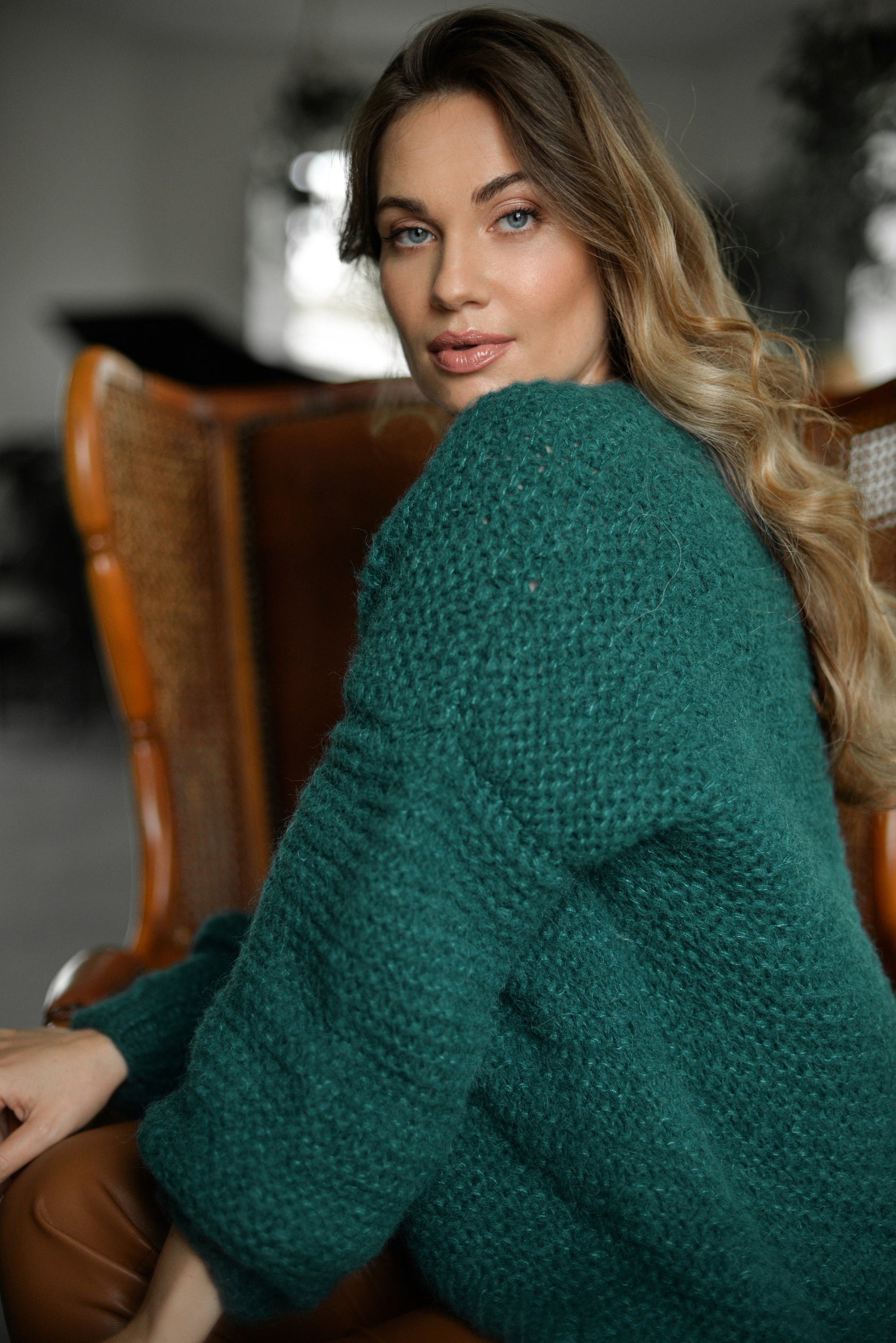 Green alpaca wool cable knit cardigan with buttons, chunky knitted oversized sweater with balloon sleeves, jacket for women