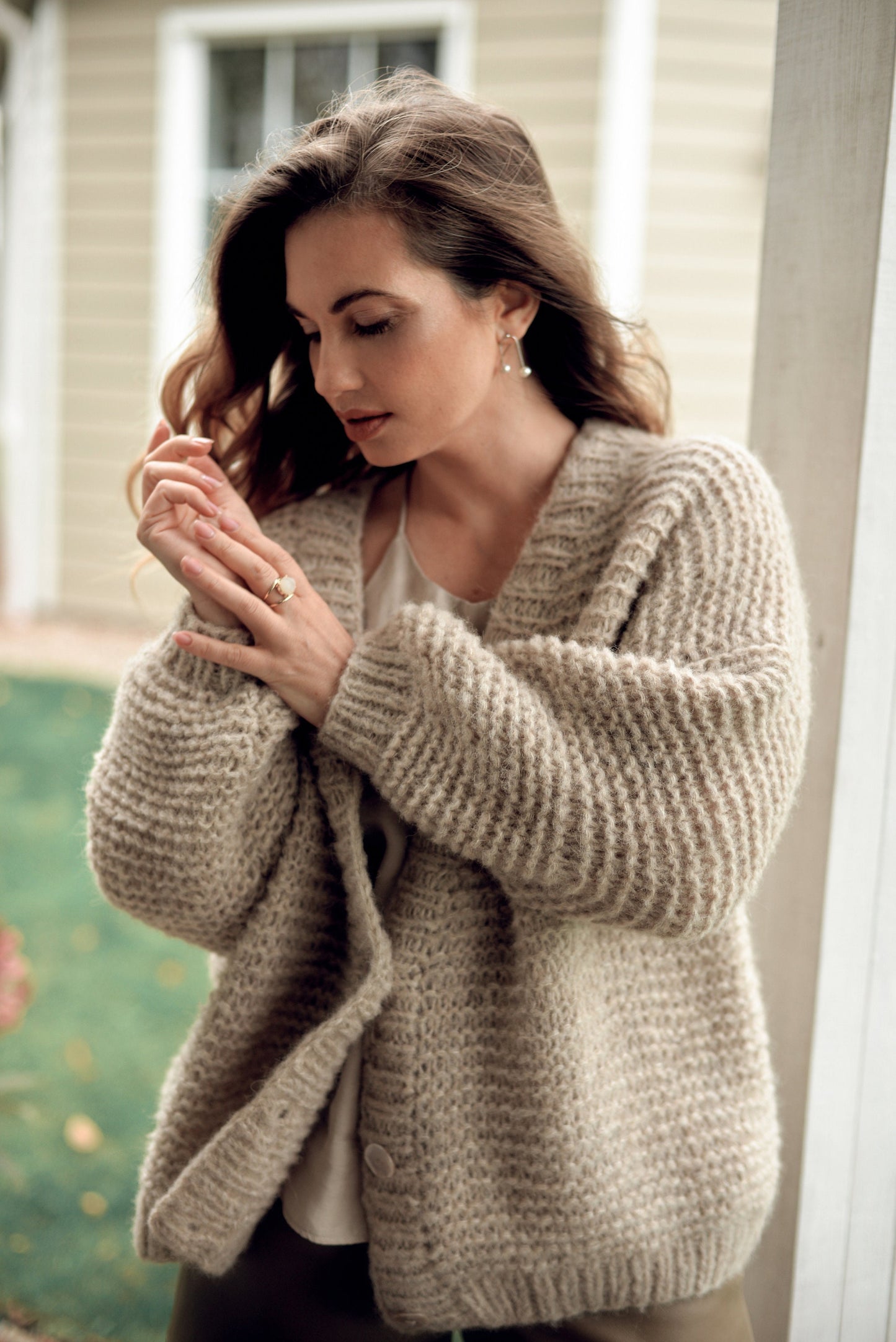 Beige Cardigan With Buttons, Oversized Nude Cable Knit Cardigan, Chunky Knit Caramel Alpaca Wool And Silk Blend Sweater, Loose  Buttons Down